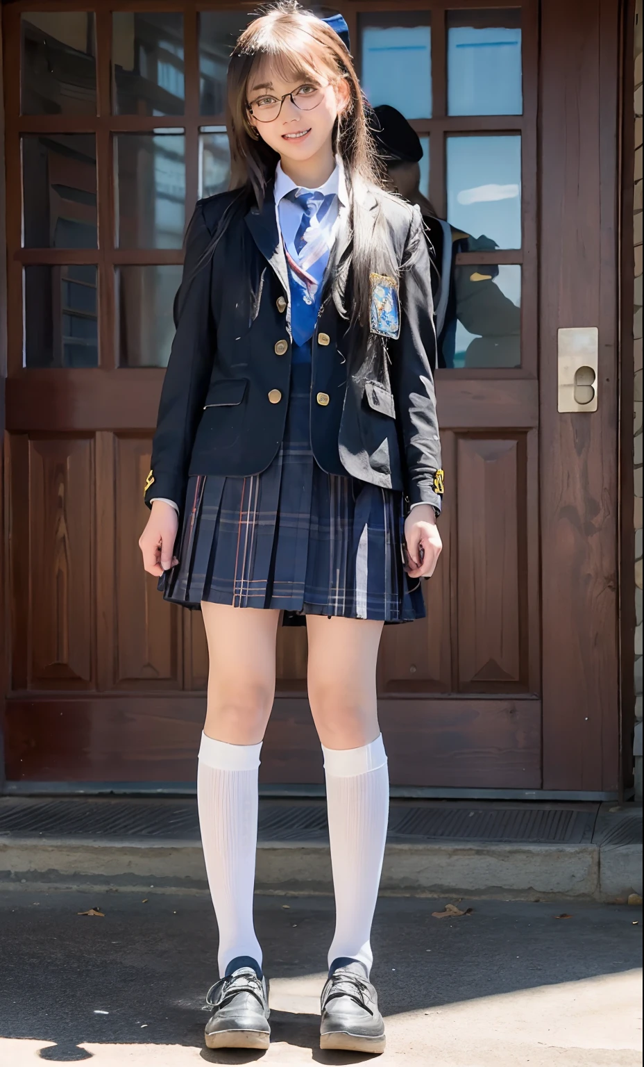 1girl, (raw photo:1.2), (photorealistic:1.4), beautiful detailed girl, absurd, incredibly ridiculous, super detailed, high resolution, very detailed, best quality, masterpiece, ((school girl wear school uniform)), illustration, 8k wallpaper, , (wearing glasses), ((dynamic pose)), standing, full body, school shoes with knee high socks