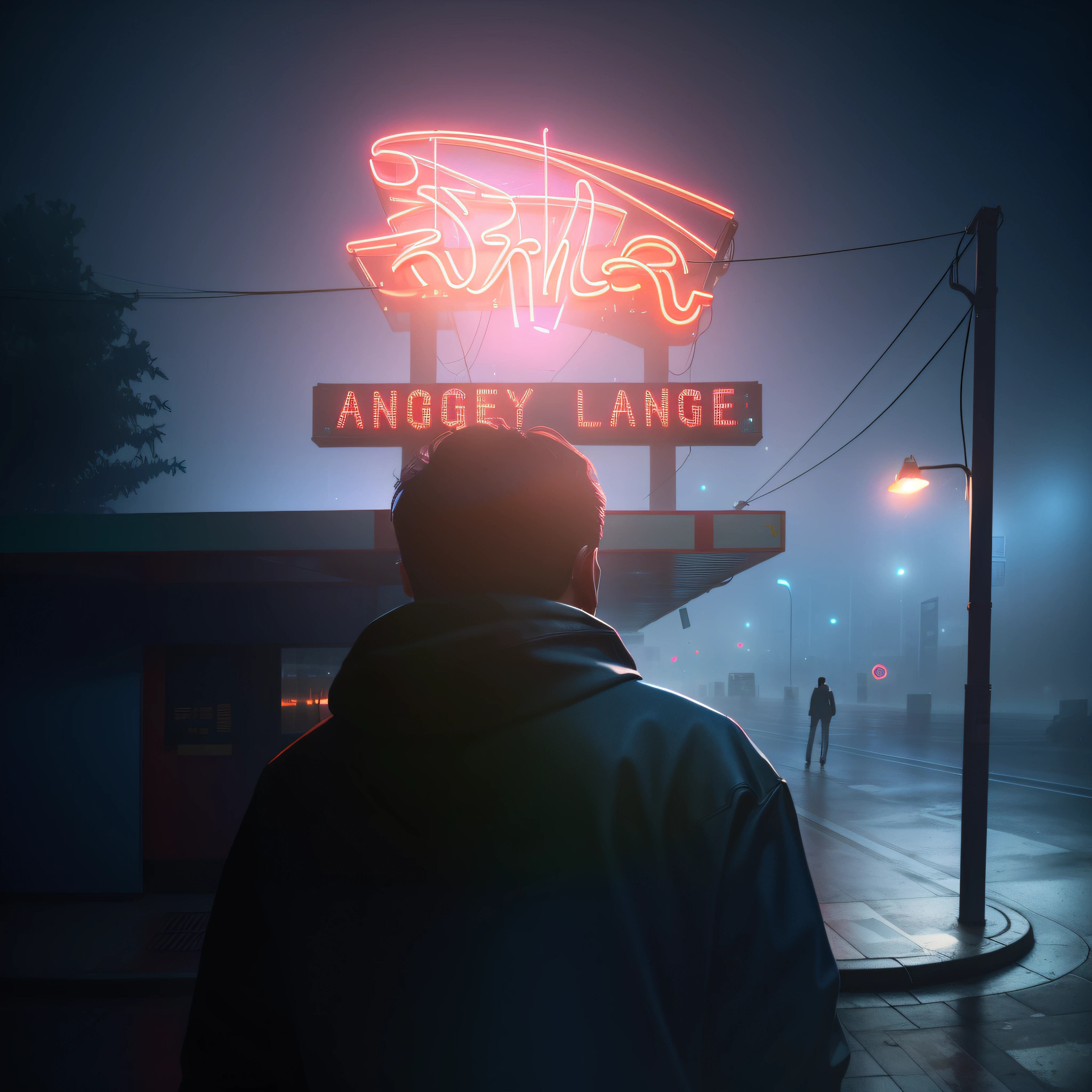 There's a man standing in front of a neon sign, foggy neon night, moody cinematic lighting, beautiful and cinematic lighting, misty neon lights, artstation mans aesthetic