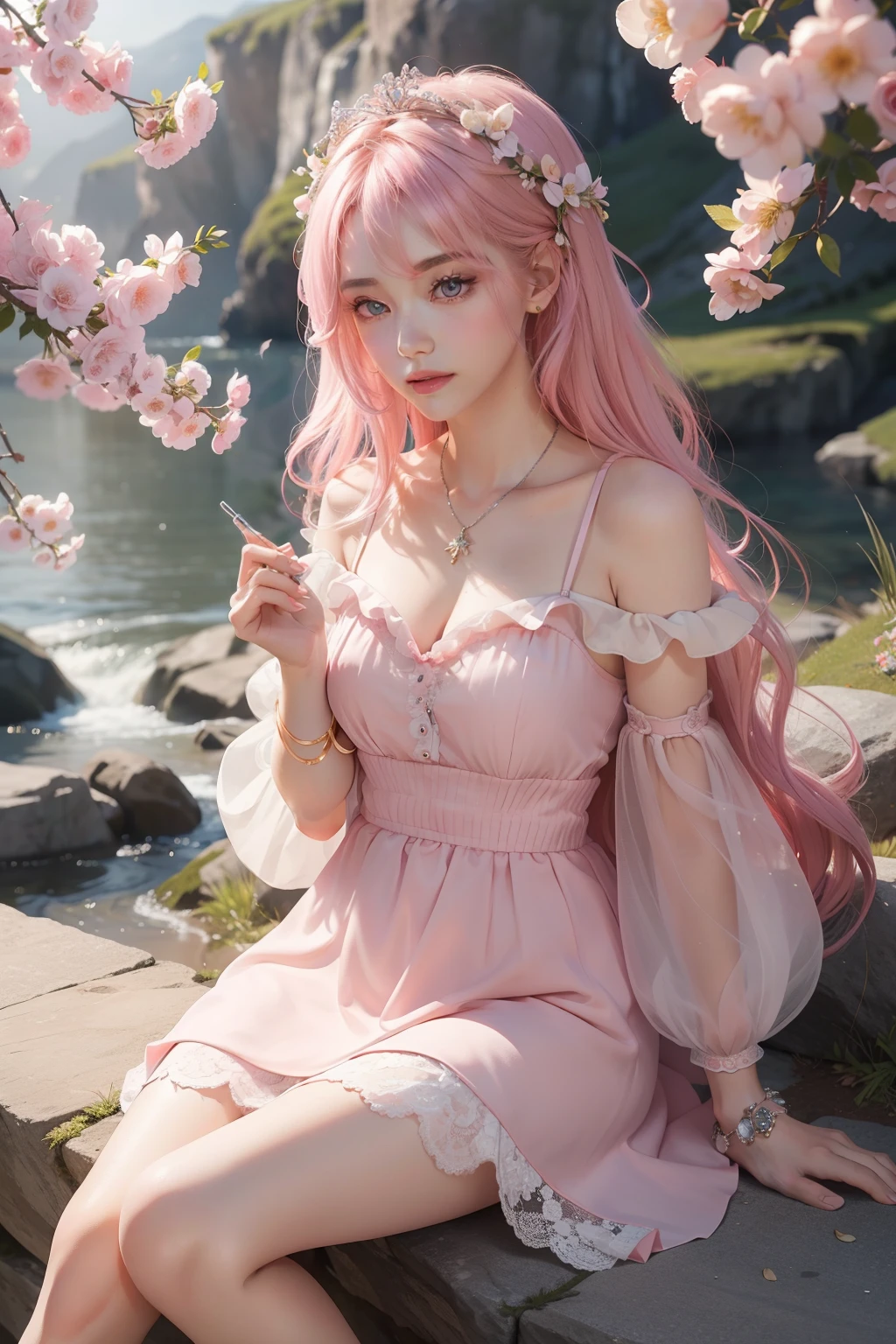 Masterpiece, Best quality, {Best quality}, {{Masterpiece}}, {A high resolution}, ((Full body detail 1.9)),Pink long hair lady dressed up in cliff photography look,Let me write about you in detail:
Appearance:
1. The young lady has long attractive pink hair,Delicate and silky hair gently brushed her slender neck。
2. Her facial features are delicate and charming,The eyes are as bright as clear spring water,A touch of eyeliner outlines her bright eyes。
3. High nose bridge,the corners of your mouth rise slightly,Let her reveal a touch of confidence and elegance。
4. The little sister has fair and delicate skin,Like pure snowflakes,Her youth and brilliance are more visible in the sun。
Makeup:
1. Her makeup is light and natural,Highlights her beauty just right。The pale pink lip gloss adds a delicate touch to her lips。
2. The meticulous eyebrow retouching is just right,Helps shape the harmony between her eyebrows。
3. A soft blush outlined her cheeks,Make her look more cute and charming。
4. The fine lashes are illuminated by a touch of mascara,The twinkling eyes seem to have endless charm。
clothes:
1. She wore a pale pink dress,The lightweight fabric flutters in the wind,It adds to her femininity。
2. Accompanied by a simple and sophisticated silver necklace,It adds a touch of brilliance to her neck。
3. She stepped on a pair of pink high heels,Highlight her slender leg line and feminine elegance。
4. Against the backdrop of a cliff,She holds a pink rose,Like a soft flower fairy