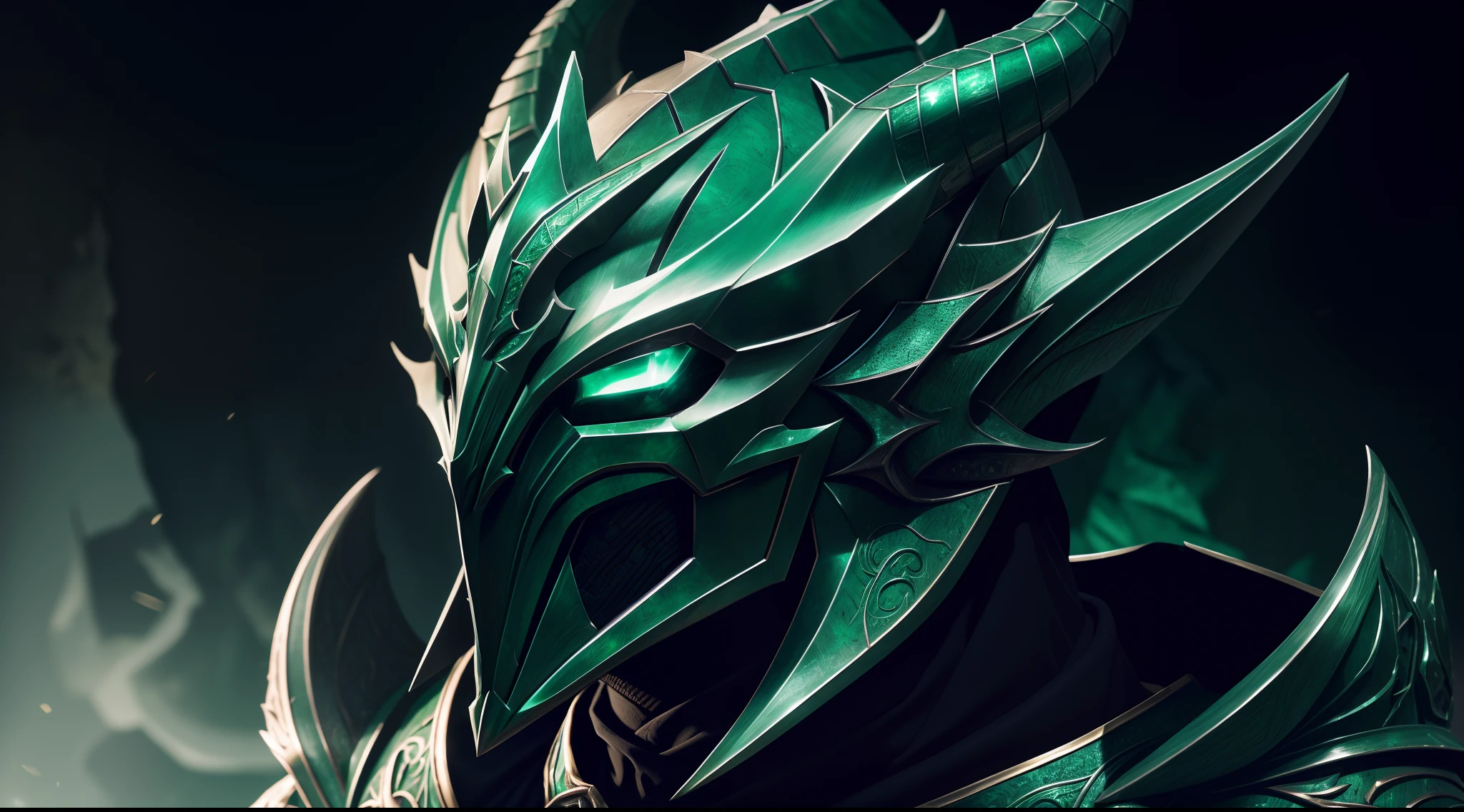 a close up of an emerald mask with horns, emerald daedric helm, dragon helmet, horned helmet, ornate dramatic winged dragon emerald helmet, exquisite helmet detail, dragon shaped helmet, skyrim armor, detailed helmet, from skyrim, sculpted draconic features, emerald helmet, emerald dragon inspired armor,