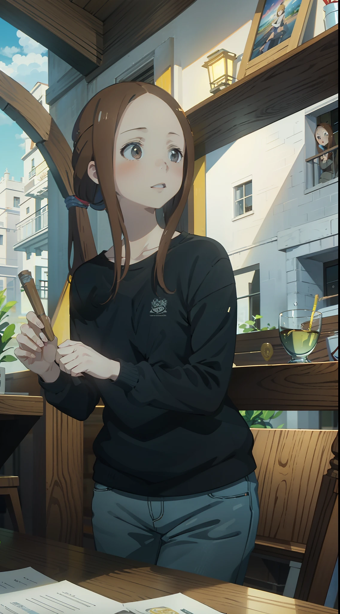 1 mujer, acostada en cama, luz cinematica, master piece, ((Takagi-san))