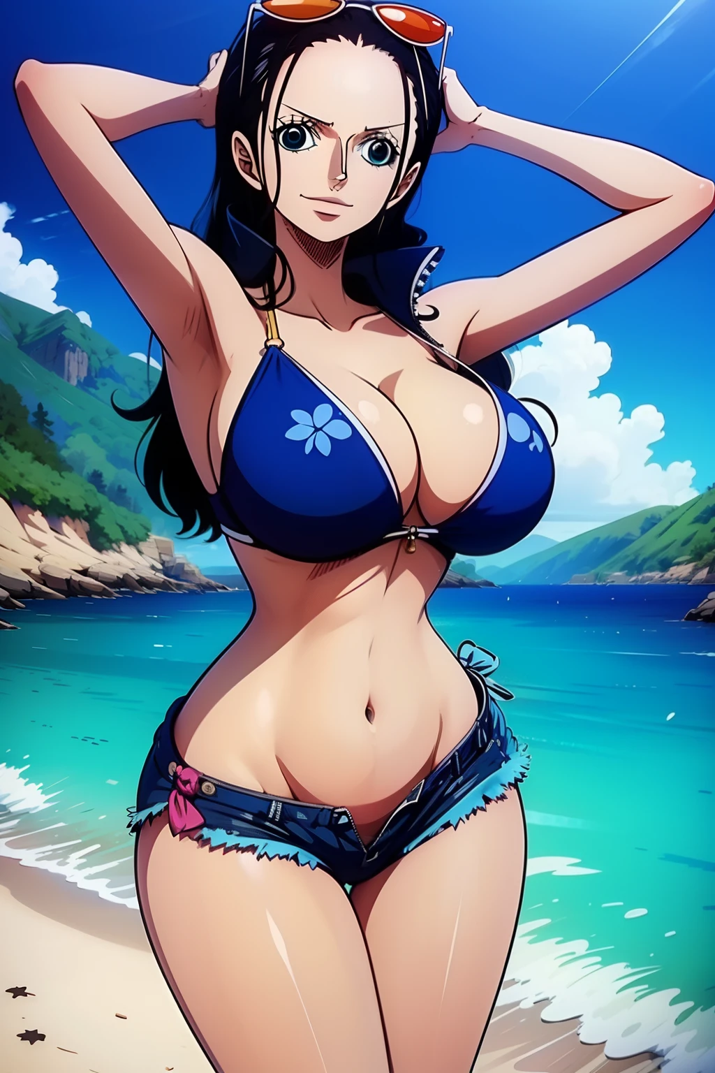 Robin de One Piece, sexy pose, blue bikini, shorts, 8k, Anime, plage, gros boob, gros cul, look sexy, (blue eyes)