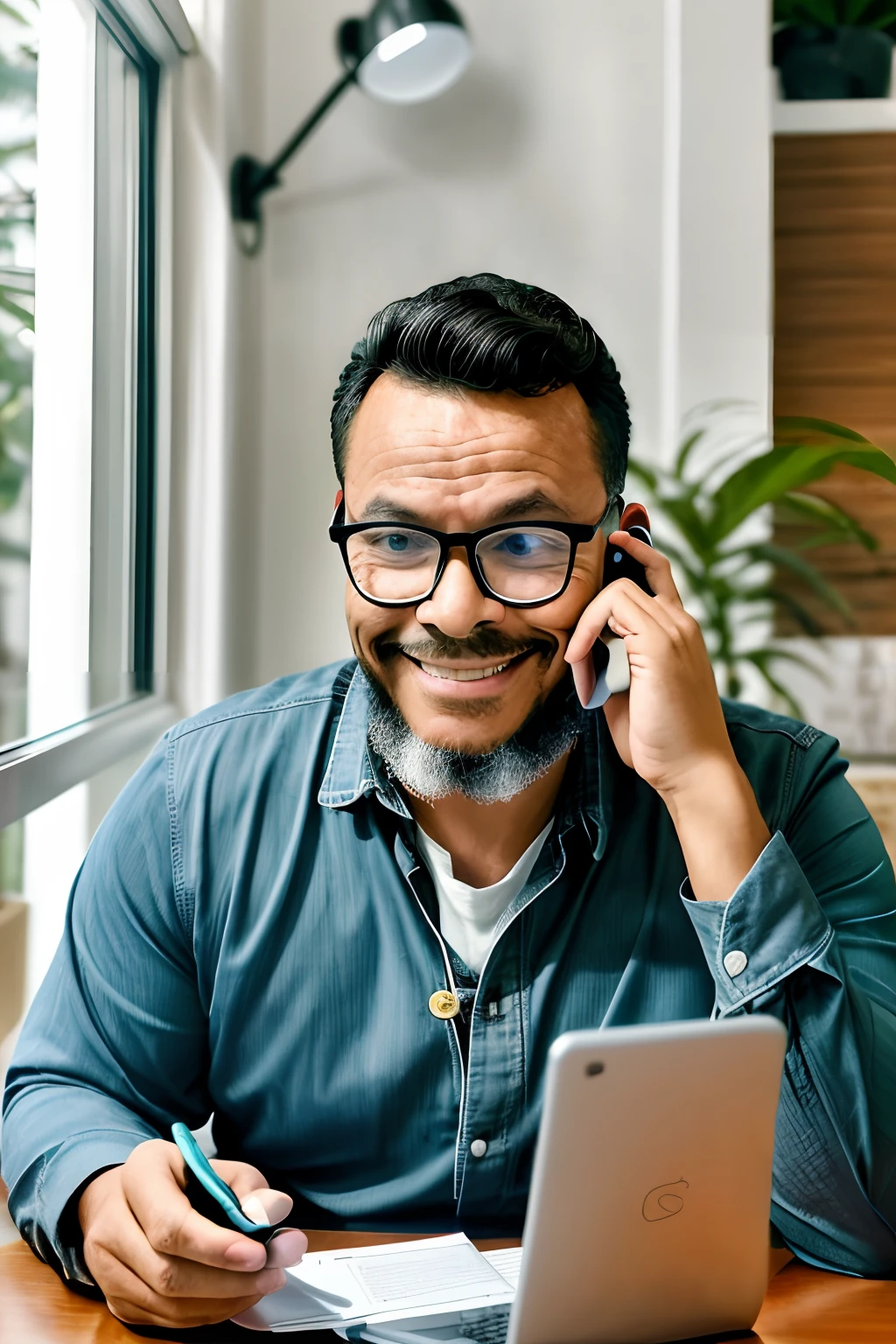 guttoepic2, uma cena de um homem, wearing glasses, enquanto fala ao telefone celular. Ele tem um sorriso suave e discreto em seu rosto, conveying a sense of happiness and satisfaction during the conversation. O ambiente pode ser escolhido de acordo com o contexto desejado, seja em casa, at work or in a public place.Be sure to pay attention to details, like the man's facial expression, the glasses he's wearing and the cell phone in his hand. The image can be rendered with high resolution to capture these details sharply.This scene captures the simplicity and joy of a phone conversation with a loved one.
