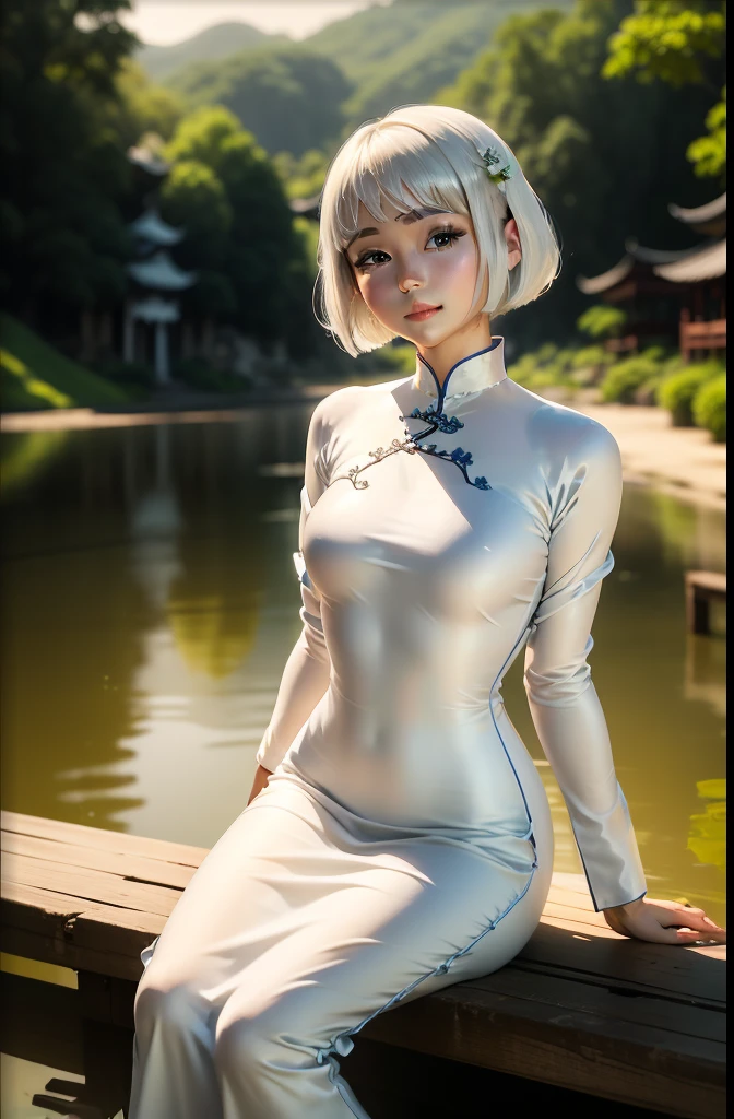masutepiece, Best Quality, hight resolution,portlate, (((detail portrayal、8K分辨率))), (((Beautiful face drawn in detail))),Full Body Angle,Smirking expression、Solo, bright light blue eyes, ((Beautiful silky silver hair、a short bob、Short-cut hair))、(((Beautiful Ao Dai:1.3、Ao Dai,Beautiful White Ao Dai)))、plein air、Lake Lotus