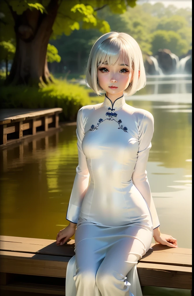 masutepiece, Best Quality, hight resolution,portlate, (((detail portrayal、8K分辨率))), (((Beautiful face drawn in detail))),Full Body Angle,Smirking expression、Solo, bright light blue eyes, ((Beautiful silky silver hair、a short bob、Short-cut hair))、(((Beautiful Ao Dai:1.3、Ao Dai,Beautiful White Ao Dai)))、plein air、Lake Lotus