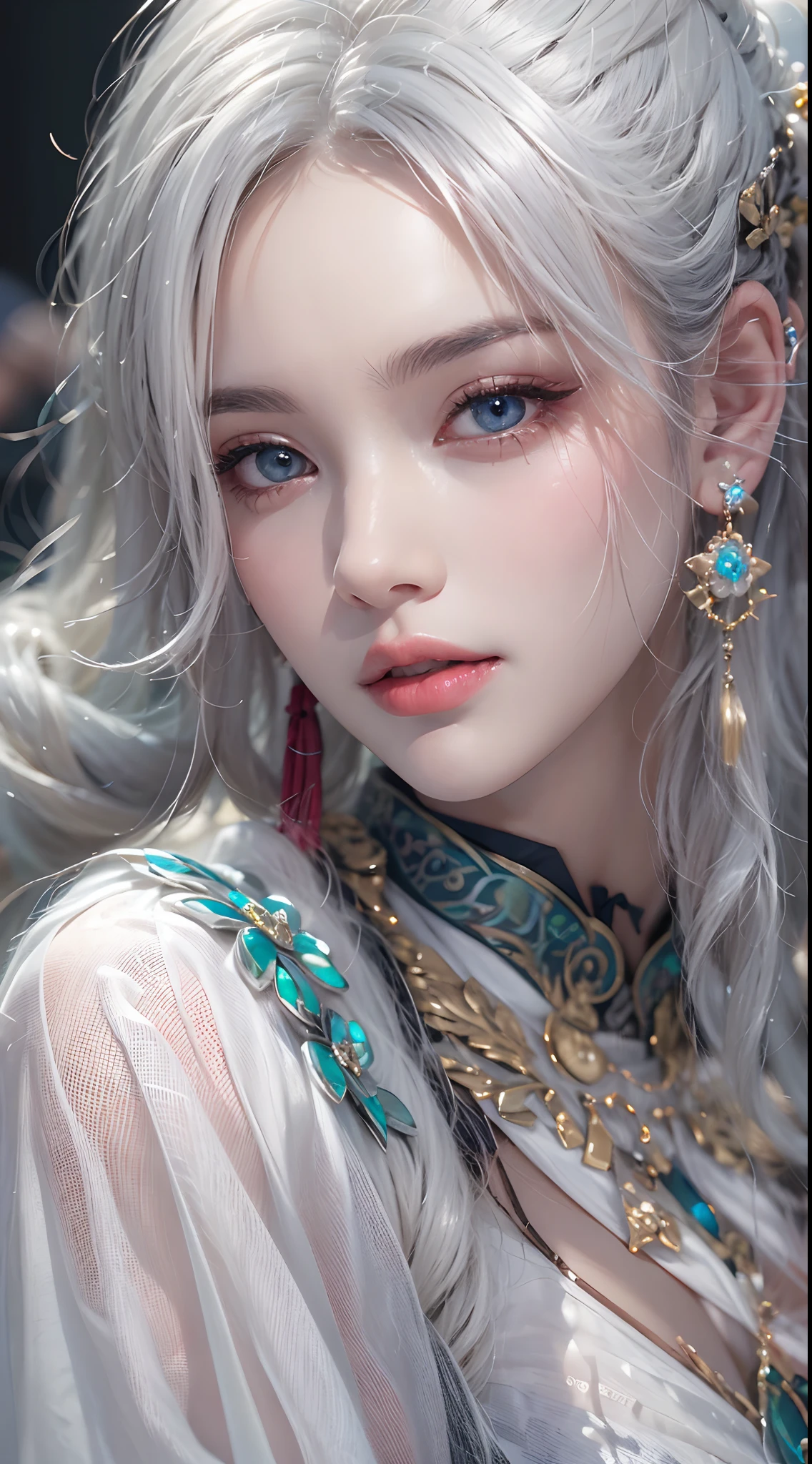 Photorealistic, high resolution, 1 woman, hips up, Beautiful eyes, Long hair, ringed eyes, white hair, jewelry, tattoo, hanfu