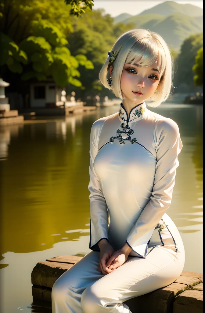 masutepiece, Best Quality, hight resolution,portlate, (((detail portrayal、8K分辨率))), (((Beautiful face drawn in detail))),Full Body Angle,Smirking expression、Solo, bright light blue eyes, ((Beautiful silky silver hair、a short bob、Short-cut hair))、(((Beautiful Ao Dai:1.3、Ao Dai,Beautiful White Ao Dai)))、plein air、Lake Lotus