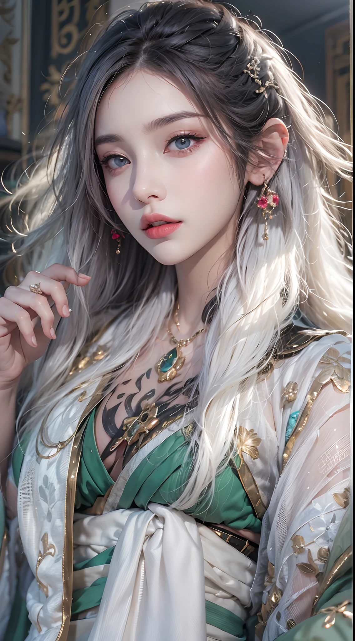 32K(tmasterpiece,k hd,hyper HD,16k)Flowing short hair,Backroom pond,zydink, a color, Asian people (Female Student), (Silk scarf), Combat posture, looking at viewert, long whitr hair, Floating hair, Hanfu, Chinese clothes, longer sleeves, (abstract ink splash:1.2), white backgrounid,Kirin Beast Protector (realisticlying:1.4),,Snowflakes fluttering,The background is pure, A high resolution, the detail, RAW photogr, Sharp Re, Nikon D850 Film Stock Photo by Jefferies Lee 4 Kodak Portra 400 Camera F1.6 shots, Rich colors, ultra-realistic vivid textures, Dramatic lighting, Unreal Engine Art Station Trend, cinestir 800,