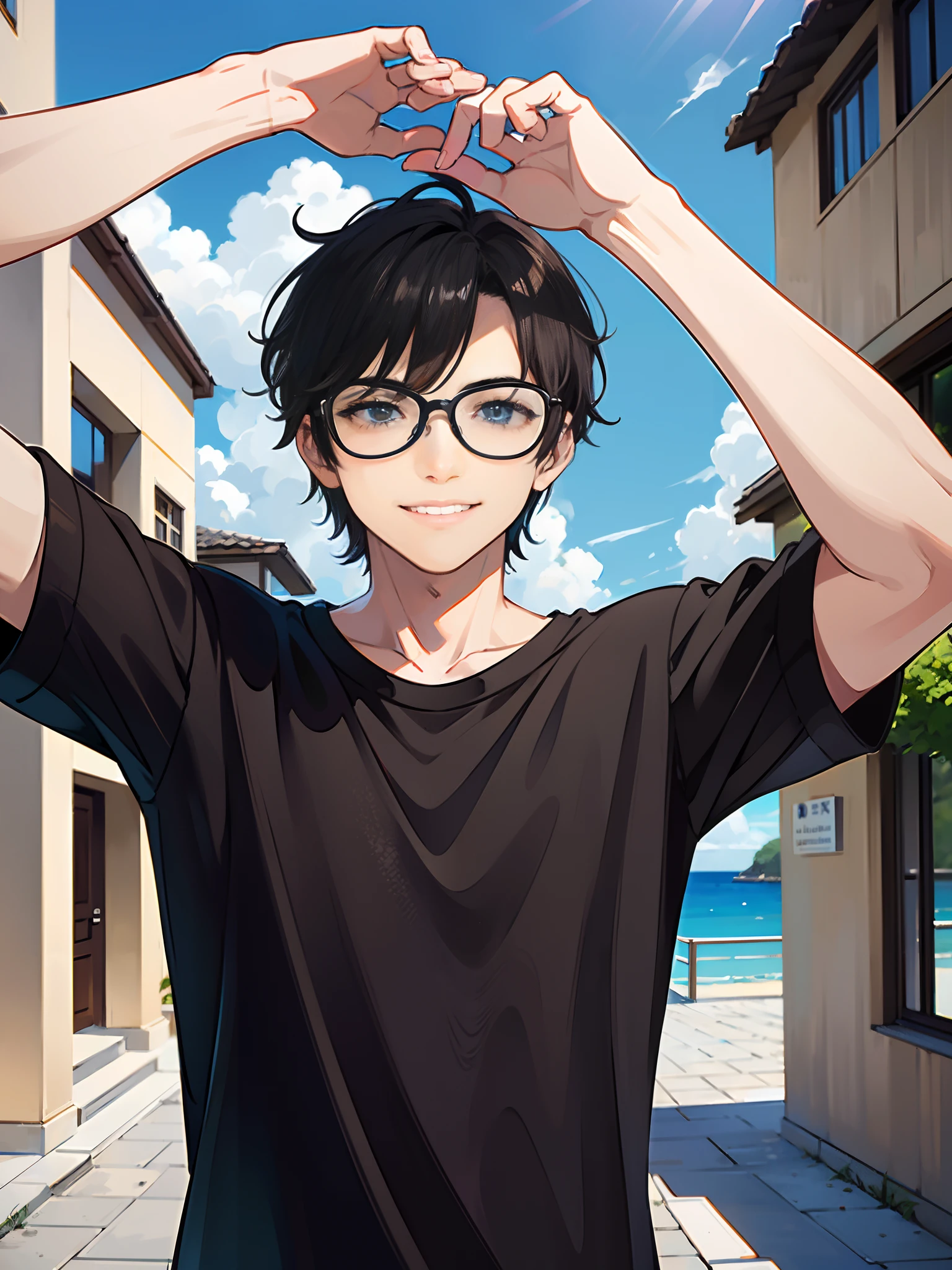 there is a man with short messy hair,black spectacle glasses smiling, wearing relaxed fit t-shirt, 18 year old boy , portrait shot 8 k, wave a hand , realism artstyle, 8k selfie photograph, casual photography, with dramatic sky, shot on gopro9, background blur, pointing at the camera, full body