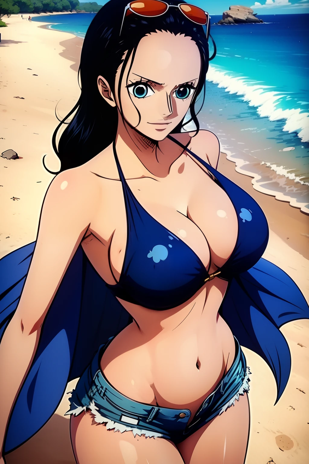 Robin de One Piece, sexy pose, blue bikini, shorts, 8k, Anime, plage, gros boob, gros cul, look sexy, (blue eyes)