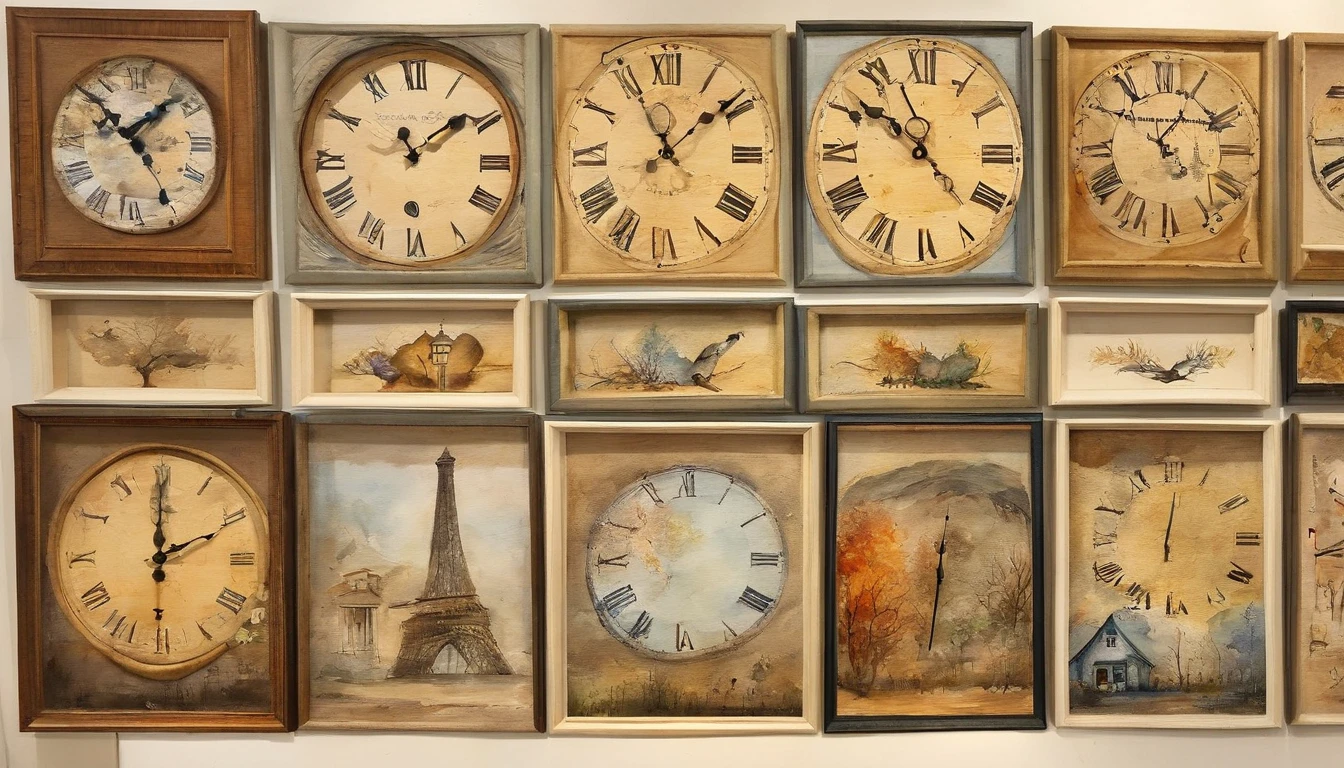 There are many vertical wall clocks hanging on the wall。Watercolor Touch。