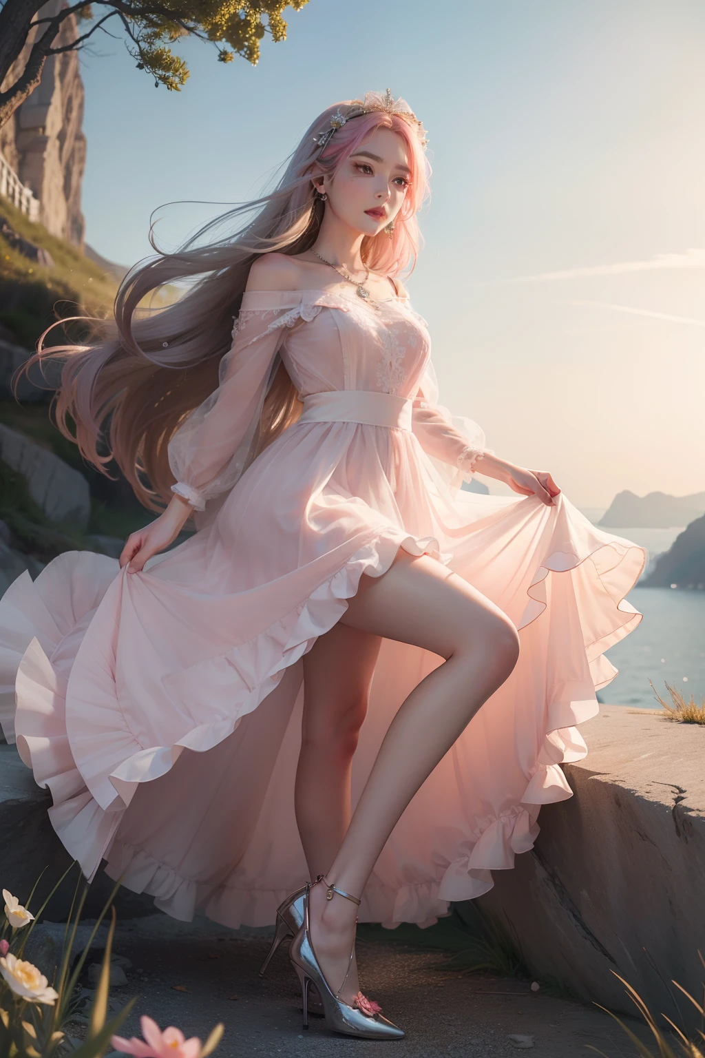 Masterpiece, Best quality, {Best quality}, {{Masterpiece}}, {A high resolution}, ((Full body detail 1.9)),Pink long hair lady dressed up in cliff photography look,Let me write about you in detail:
Appearance:
1. The young lady has long attractive pink hair,Delicate and silky hair gently brushed her slender neck。
2. Her facial features are delicate and charming,The eyes are as bright as clear spring water,A touch of eyeliner outlines her bright eyes。
3. High nose bridge,the corners of your mouth rise slightly,Let her reveal a touch of confidence and elegance。
4. The little sister has fair and delicate skin,Like pure snowflakes,Her youth and brilliance are more visible in the sun。
Makeup:
1. Her makeup is light and natural,Highlights her beauty just right。The pale pink lip gloss adds a delicate touch to her lips。
2. The meticulous eyebrow retouching is just right,Helps shape the harmony between her eyebrows。
3. A soft blush outlined her cheeks,Make her look more cute and charming。
4. The fine lashes are illuminated by a touch of mascara,The twinkling eyes seem to have endless charm。
clothes:
1. She wore a pale pink dress,The lightweight fabric flutters in the wind,It adds to her femininity。
2. Accompanied by a simple and sophisticated silver necklace,It adds a touch of brilliance to her neck。
3. She stepped on a pair of pink high heels,Highlight her slender leg line and feminine elegance。
4. Against the backdrop of a cliff,She holds a pink rose,Like a soft flower fairy
