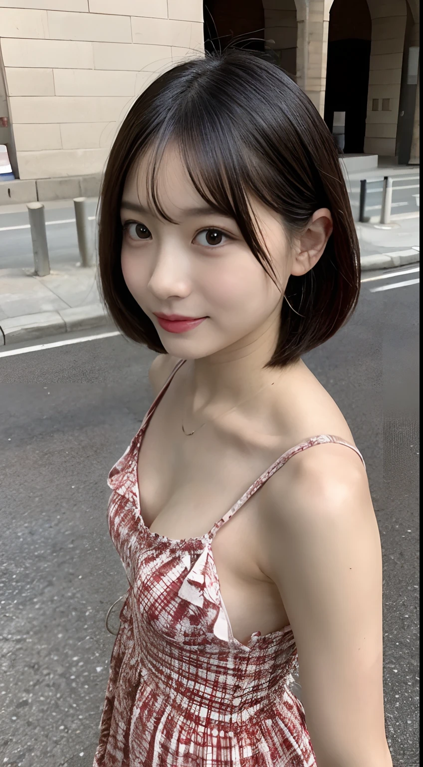 downbrouse、(Color Dresses:1.2)、(realisitic、Photorealsitic、ultra-detailliert、Highest Details Skins、top-quality、masterpiece、超A high resolution)、Realistic skin type、japanes、23years old、Very pretty girl、short-cut、Shot from above、outside church、tiarra、shot from a side angle