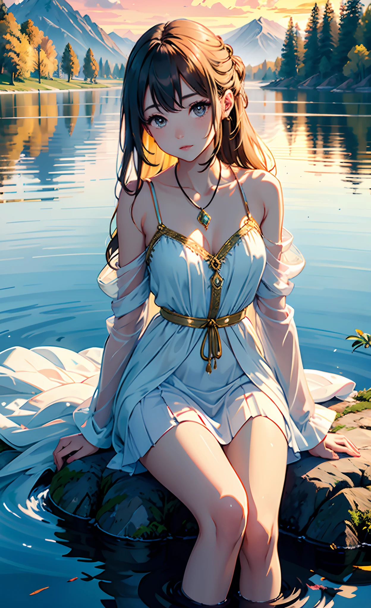 1 girl, serene expression, mesmerizing eyes, straight long hair, flowing dress, poised posture, porcelain skin, subtle blush, crystal pendant BREAK golden hour, (rim lighting):1.2, warm tones, sun flare, soft shadows, vibrant colors, painterly effect, dreamy atmosphere BREAK scenic lake, distant mountains, willow tree, calm water, reflection, sunlit clouds, peaceful ambiance, idyllic sunset, ultra detailed, official art, unity 8k wallpaper , zentangle, mandala