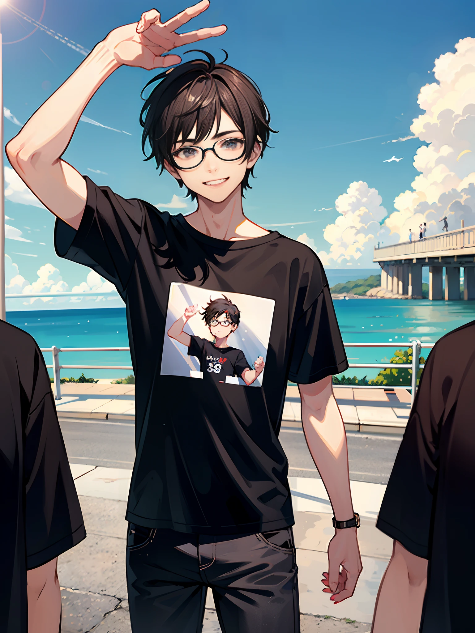 there is a man with short messy hair,black spectacle glasses smiling, wearing relaxed fit t-shirt, 18 year old boy ,, wave a hand , realism artstyle, 8k full body photograph, casual photography, with dramatic sky, shot on gopro9, background blur, pointing at the camera, full body