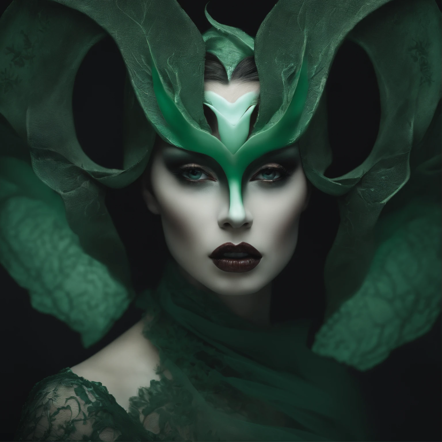 a woman, in the style of natalie shau, olivier valsecchi, ilya kuvshinov, light emerald and gray, ritualistic masks, naturalistic portraits, moody expressionism