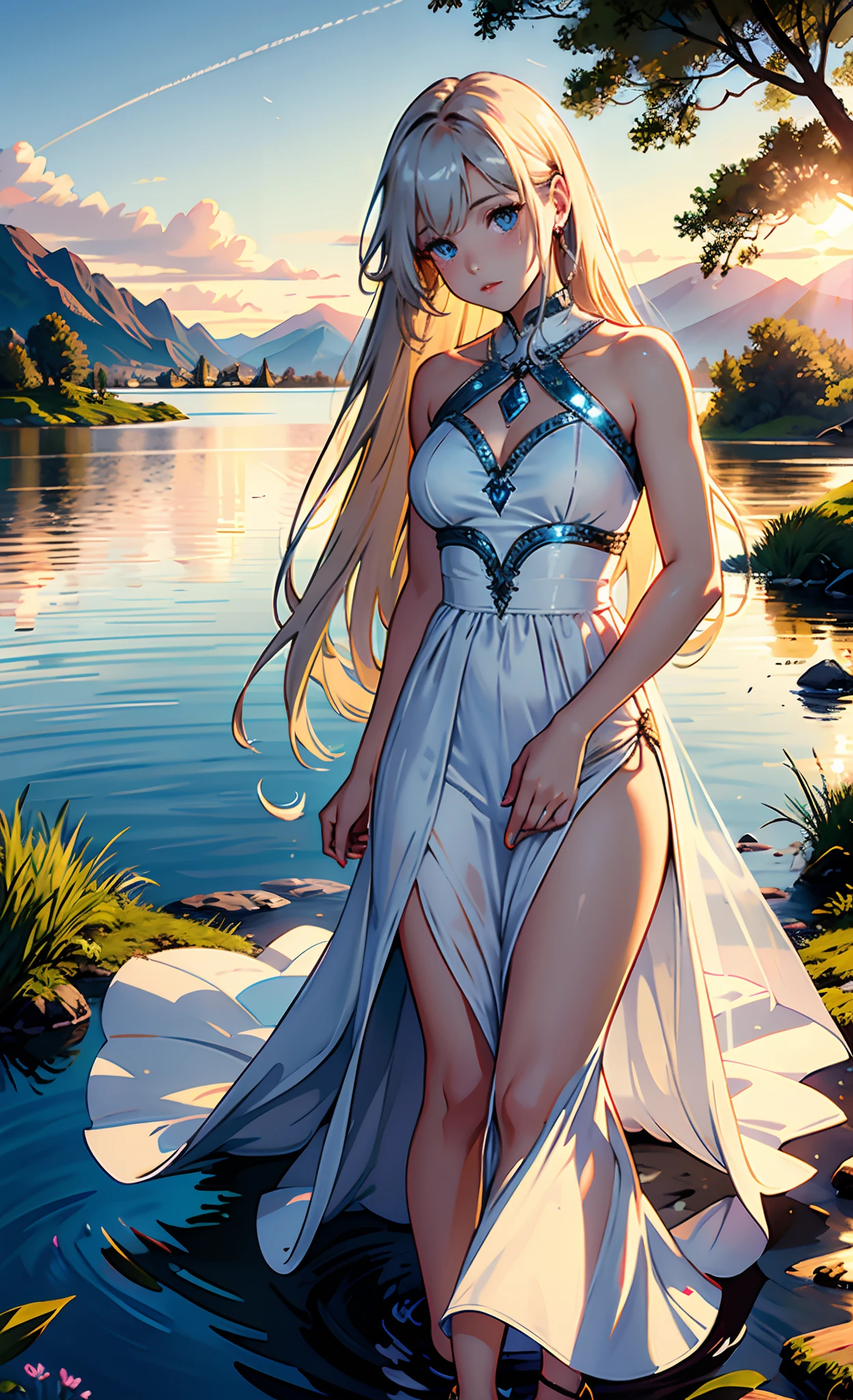1 girl, serene expression, mesmerizing eyes, straight long hair, flowing dress, poised posture, porcelain skin, subtle blush, crystal pendant BREAK golden hour, (rim lighting):1.2, warm tones, sun flare, soft shadows, vibrant colors, painterly effect, dreamy atmosphere BREAK scenic lake, distant mountains, willow tree, calm water, reflection, sunlit clouds, peaceful ambiance, idyllic sunset, ultra detailed, official art, unity 8k wallpaper , zentangle, mandala