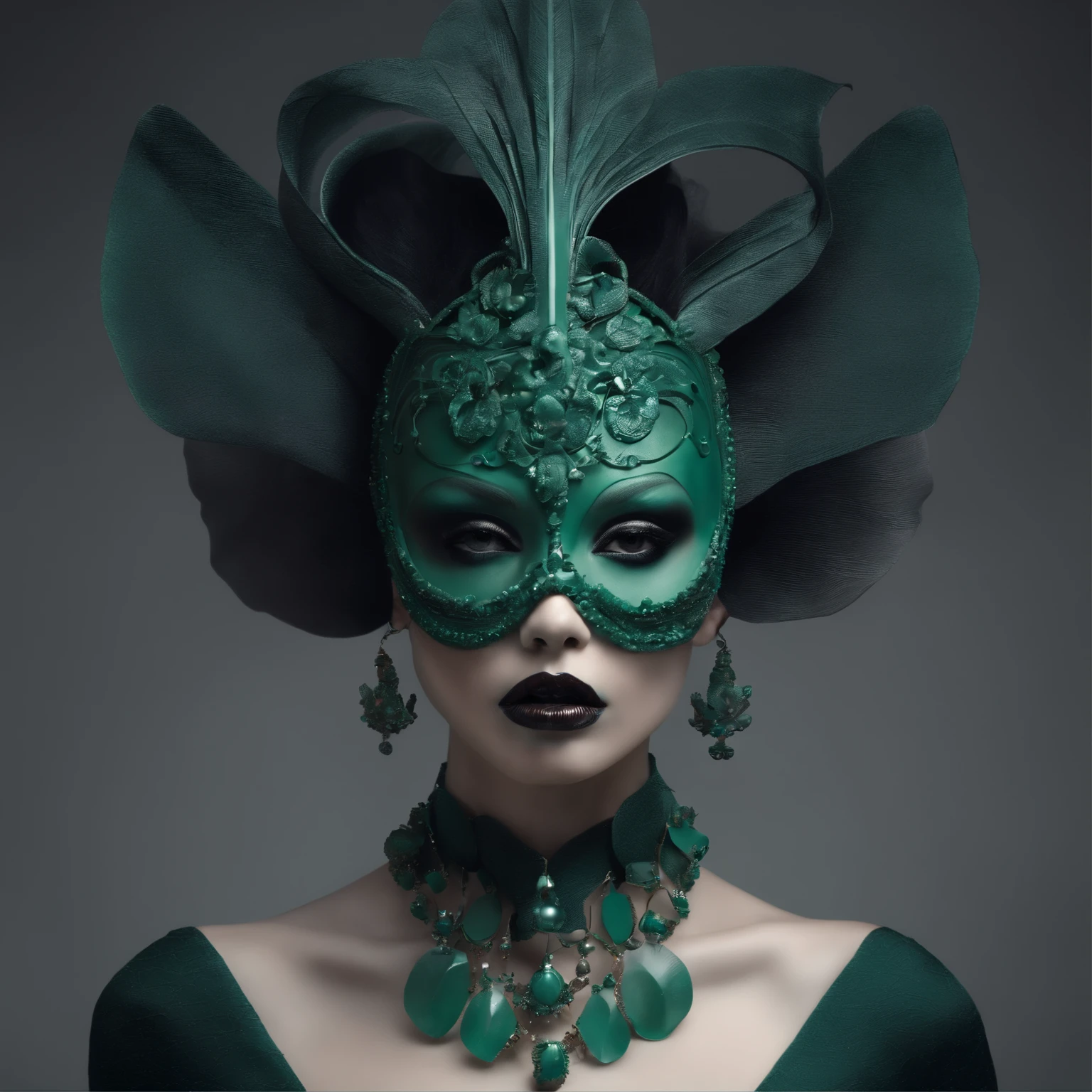 a woman, in the style of natalie shau, olivier valsecchi, ilya kuvshinov, light emerald and gray, ritualistic masks, naturalistic portraits, moody expressionism