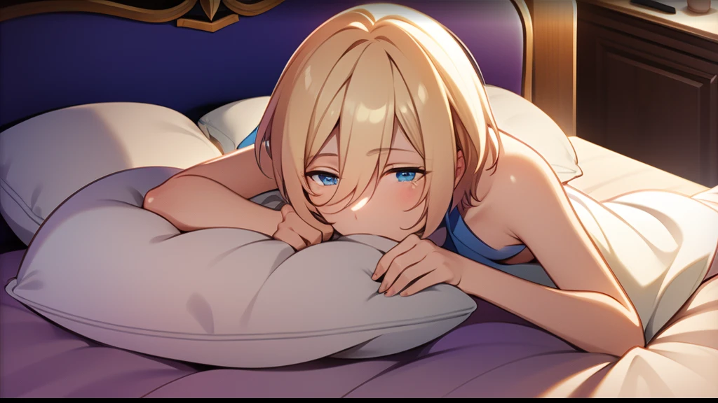 eichi tenshouin, blue eyes, short blonde hair. lying down, on bed, body pillow