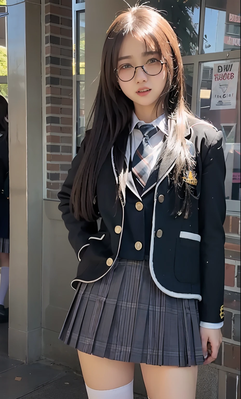 1girl, (raw photo:1.2), (photorealistic:1.4), beautiful detailed girl, absurd, incredibly ridiculous, super detailed, high resolution, very detailed, best quality, masterpiece, ((school girl wear school uniform)), illustration, 8k wallpaper, 16 years old, (wearing glasses), ((dynamic pose)), standing, full body, school shoes with knee high socks