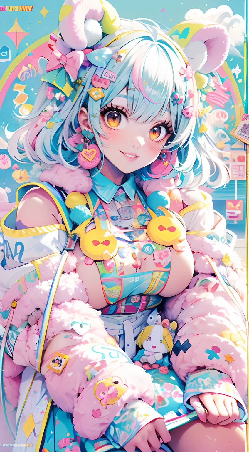 "kawaii, cute, adorable woman with pink, yellow, and baby blue color scheme. She is dressed in sky-themed clothes made out of clouds and sky motifs. Her outfit is fluffy and soft, with decora accessories like hairclips. She embodies the vibrant and trendy Harajuku fashion style." White hair, red eyes, horns, demon wings, big boobs,big ass, big lips, juicy lips, huge hair, smile