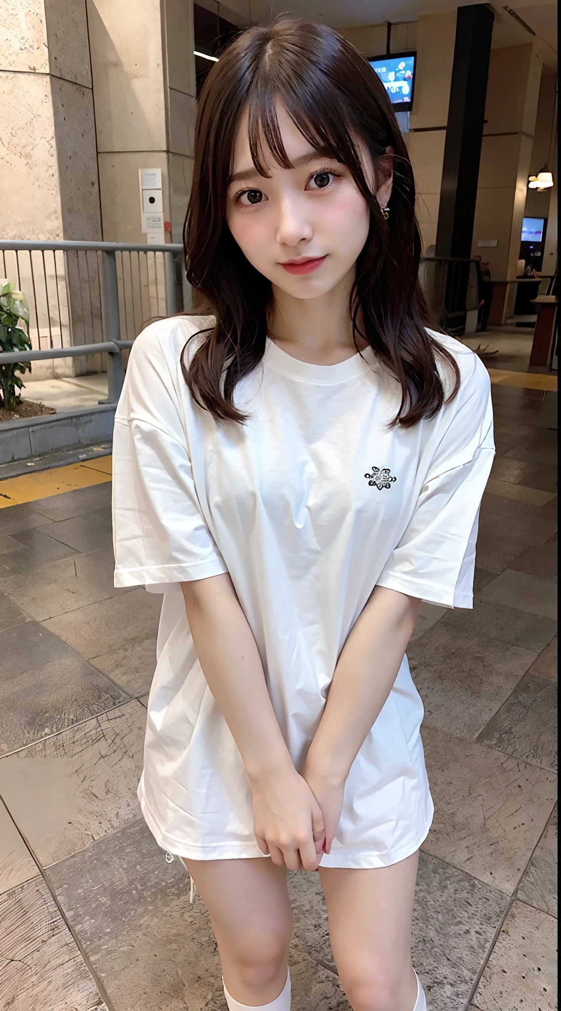(Oversized_Shirt:1.2)、Oversized_Shirt、
Good Hand、4K、hight resolution、​masterpiece、top-quality、((Hasselblad photo))、foco nítido、(cinematlic lighting)、beautiful  lighting、dynamic ungle、[:(Detail Face:1.2):0.2]、Very pretty woman、Women of short stature、sixteen years old、Attractive paws、Emphasis on the thighs、thick thight、Beautiful legs、Ecchi thighs、white  shirt、Healthy complexion、Random camera angles
