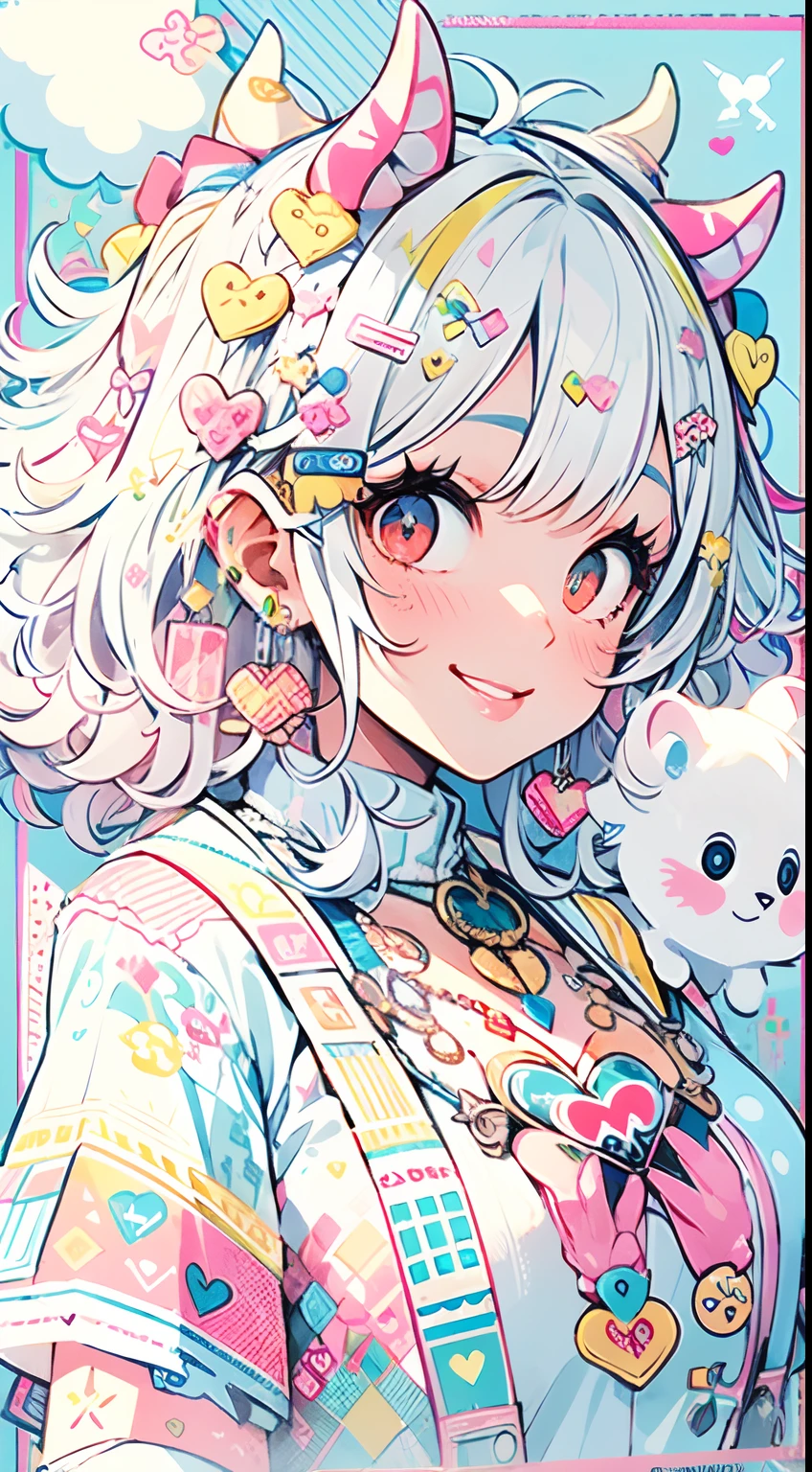 "kawaii, cute, adorable woman with pink, yellow, and baby blue color scheme. She is dressed in sky-themed clothes made out of clouds and sky motifs. Her outfit is fluffy and soft, with decora accessories like hairclips. She embodies the vibrant and trendy Harajuku fashion style." White hair, red eyes, horns, demon wings, big boobs,big ass, big lips, juicy lips, huge hair, smile