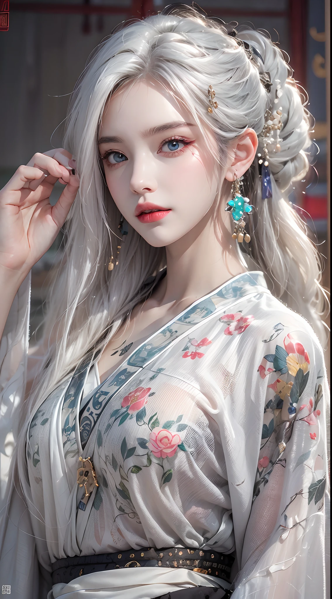 Photorealistic, high resolution, 1 woman, hips up, Beautiful eyes, Long hair, ringed eyes, white hair, jewelry, tattoo, hanfu, Chinese style