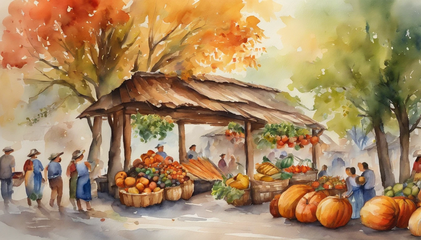 Celebrating the harvest festival in the city square、Garland、Watercolor Touch
