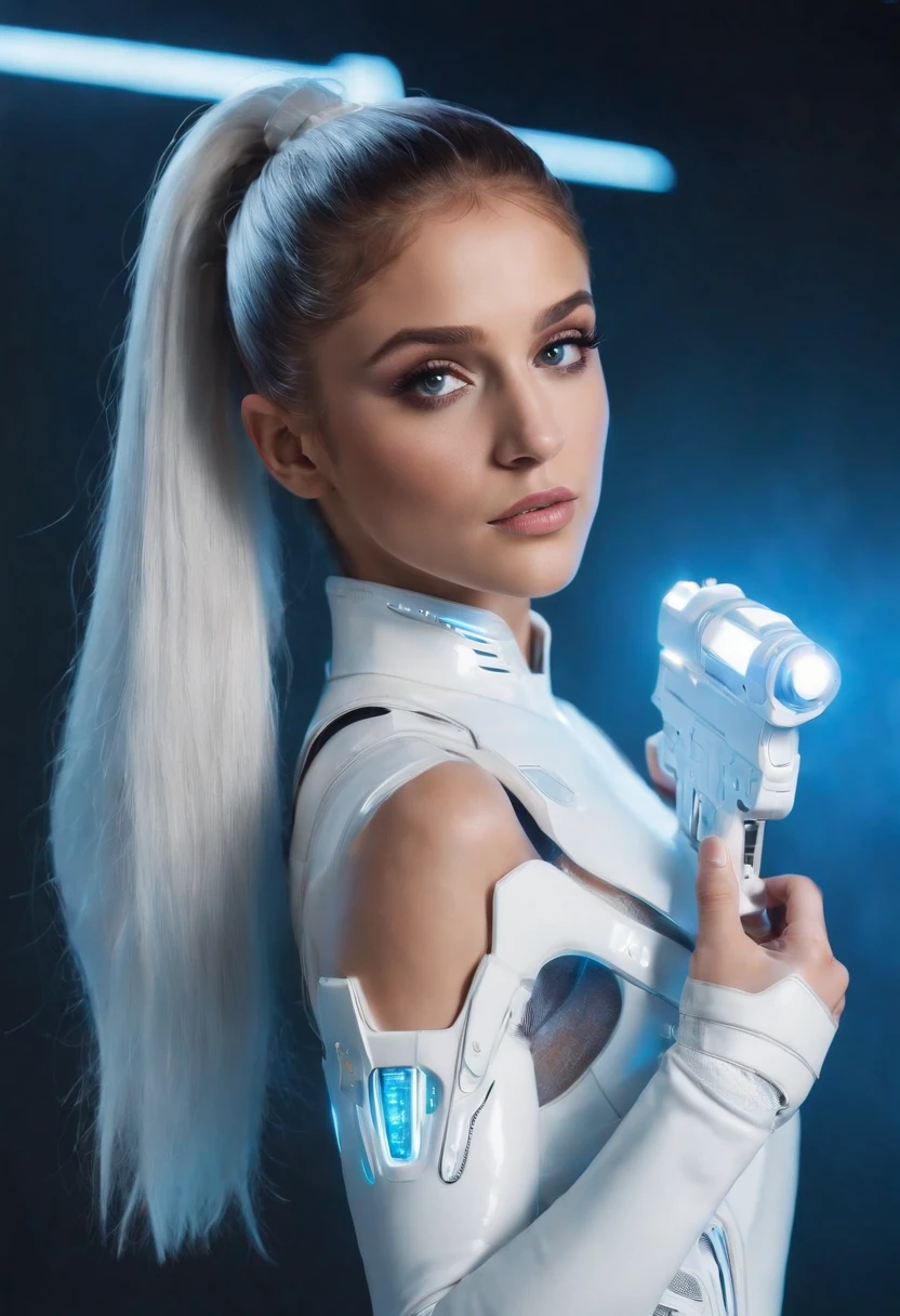 Full body cyber girl with a ponytail. Ariana Grande's face. Bright white color to show she's a cyber girl whit laser rifle. white eyebrows. clothing like catsuit. She also has bright blue eyes. The environment is terminator like. Hair is platina. She is lit with the bright blue color on one side of her face. Led like. And both hands have the led light too.