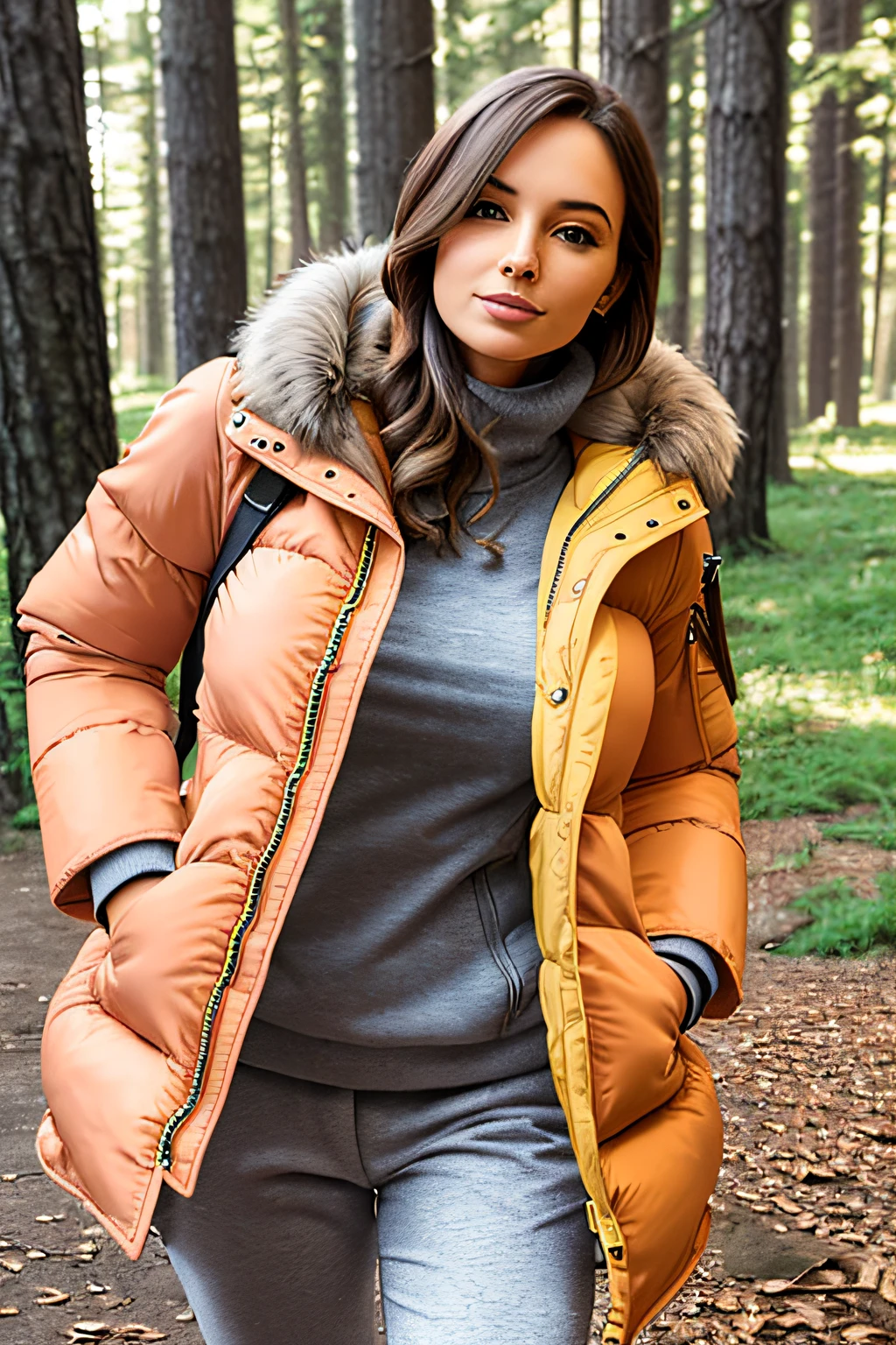 Make a woman with big breast, Pink long winterjacket , with open zipper, with face, body, Forrest, travel bag, Yellow pants, camper, dog