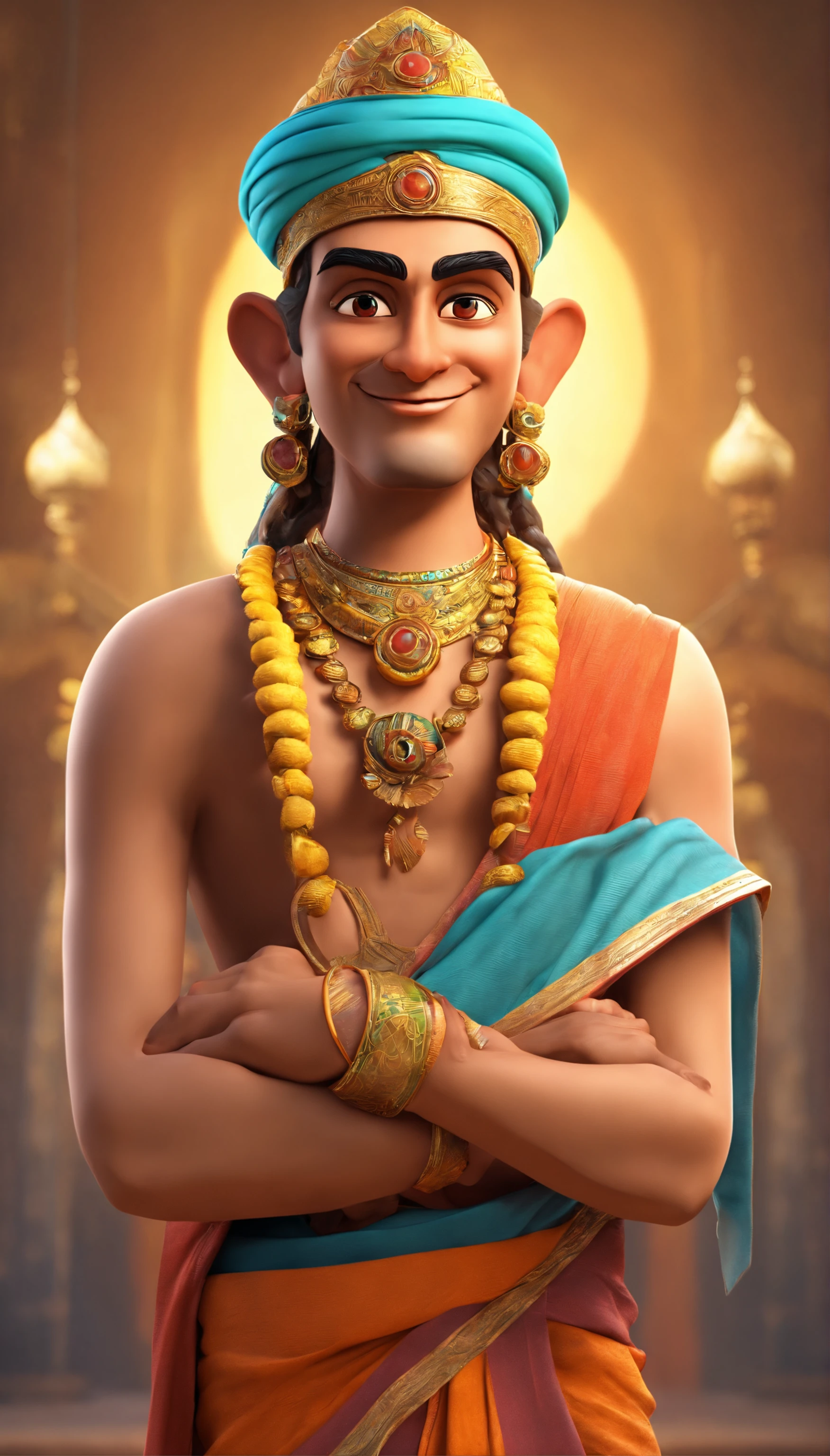 Render Tenali Rama as a charismatic and endearing character with a friendly smile and expressive eyes.