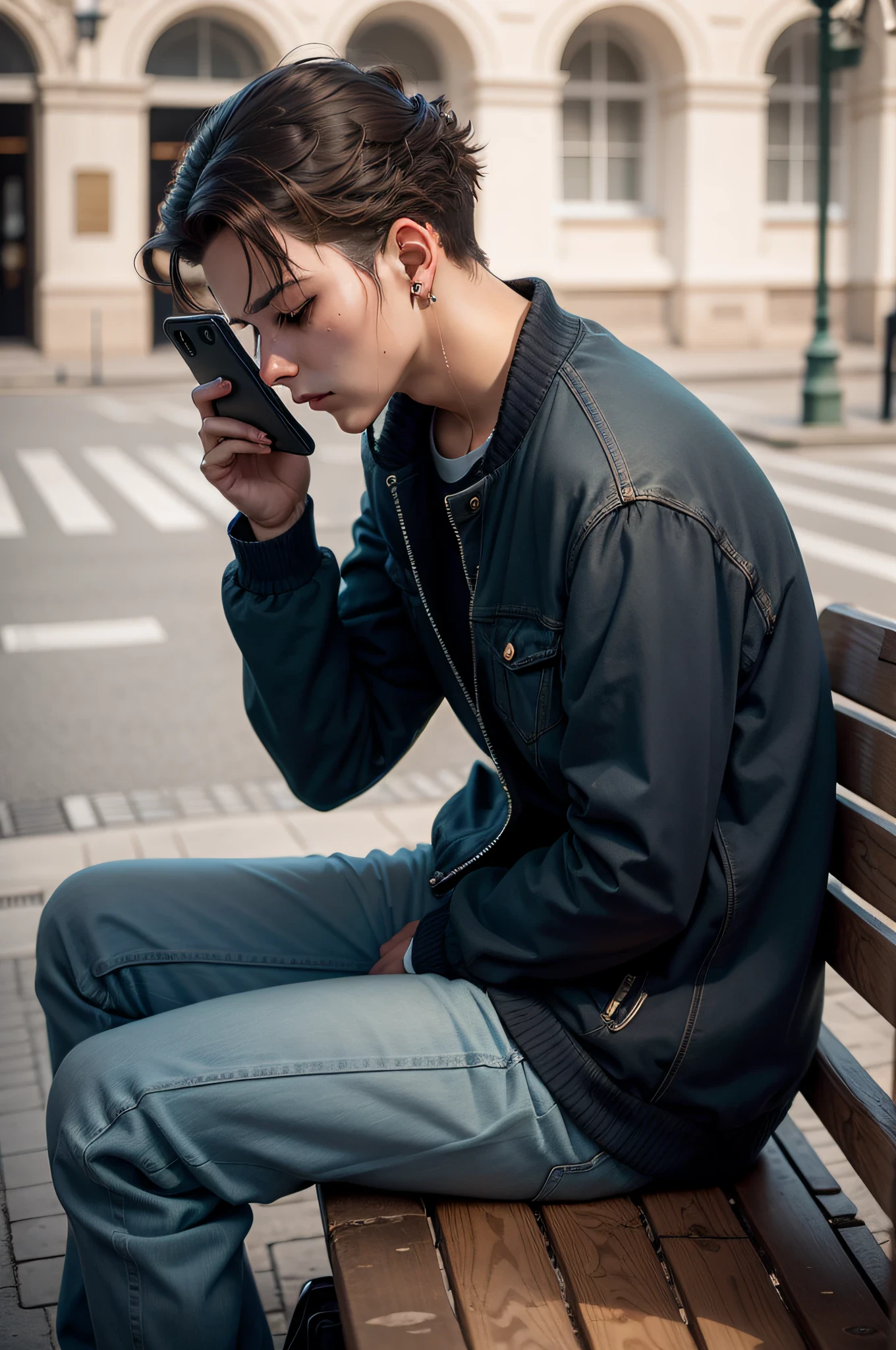 Sad person sitting on a bench in a square, digitando suas amarguras em um celular, dFoto realista, 16k
