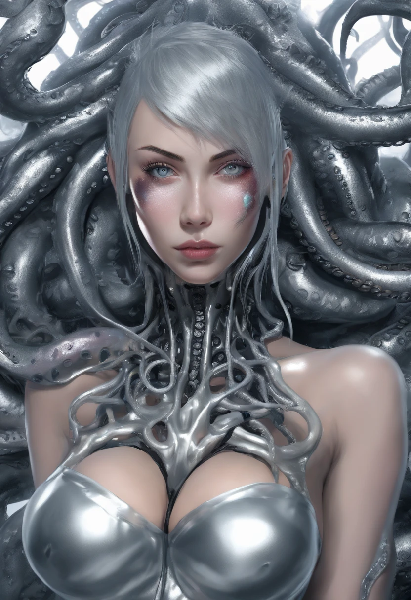 Official art, masterpiece, Sharp Focus,(masterpiece, side lights, Beautiful Eyes of Details: 1.2), 3D Face, Realistic, Perfect face, Absolute resolution, High resolution, Texture, (masutepiece: 1.5), (Best Quality), 8K, (Beautiful Face and Eyes in High Resolution), (a girl), (silver alien Girl, Bad girl: 1.5), (metallic silver Skin, Colored skin: 1.5), Spiky ears, (Oily skin, slender, long breasts, suggy breasts, huge breasts, completely nude:1.5), Full body, Evil smile, Open mouth, (Thick eyebrows: 1.3), thin hip, Bare legged,(black sclera eyes:1.3), Short hair, Silver hair, Midnight, on bed, (metallic silver Skin:1.5), corruption, turn evil, (tentacle legs, tentacle body, tentacle hair, tentacle head, multiple breasts, tentacle nipples:1.5), Detailed legs, Detailed feet, Many lotions