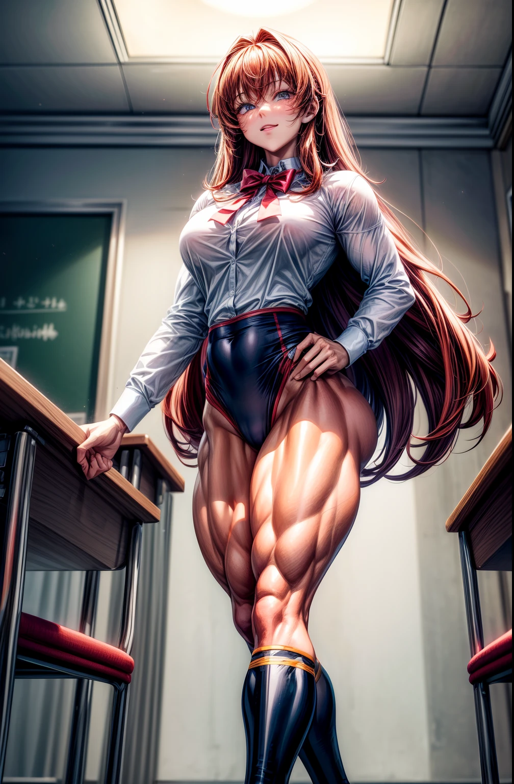 (BEST lighting) , (ultra intricately detailed) , 4K unification, (super-detailed CG: 1.2) , (8K: 1.2),(Original), (Masterpiece) , (Best quality),(Masterpiece:1.4),Anime-ish high quality,(Masterpiece),Masterpiece, Super clear picture quality,Clearer than movies,(Fine face)Best quality, absurderes,((masterpeace, 4K, 8K, Yes, A high resolution))1girll, girls,ssmile,She was inside Sky City,Black school uniform,white bowties,Bow knot,Ten strong abs,Perfect body proportions,standing on your feet,Exposing the abdomen, White costume,There are bulges of dense veins on the arms,Spring, Sports boots, Perfect figure,Red long-haired, Dynamic pose,Legs exposed,Strong leg muscles ((body builder:1.5)),Classroom(Beautiful bace),(Girl),(Female),(((Upper body:1)))