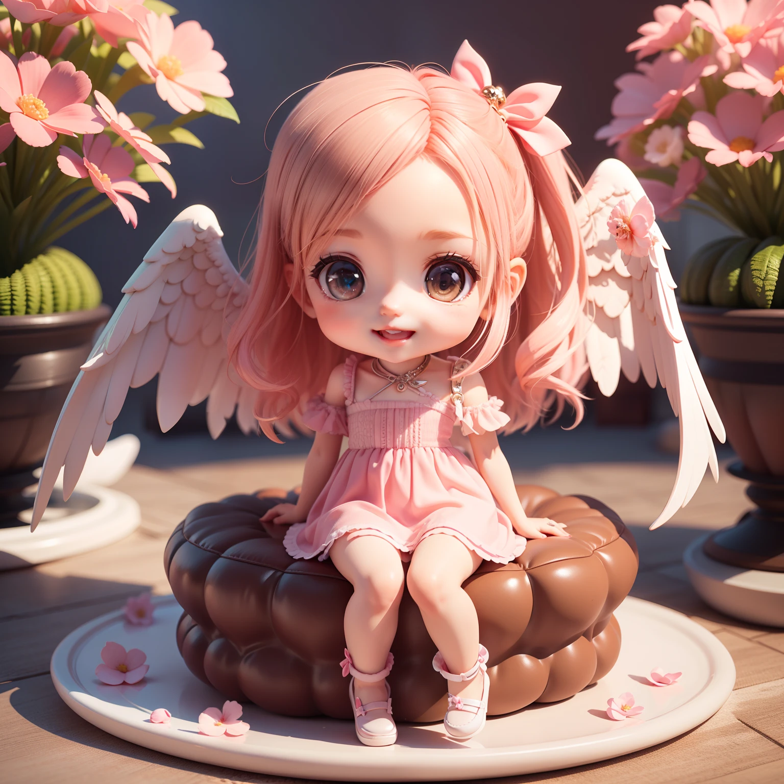 Cute Baby Chibi Anime,(((Chibi 3D))) (Best Quality) (Master Price)、(Chibi Fallen Angel:1.3)、Sitting on smoky pink flowers、specimen、houseplant、Open your mouth and smile、Jewelry Decoration Costumes
