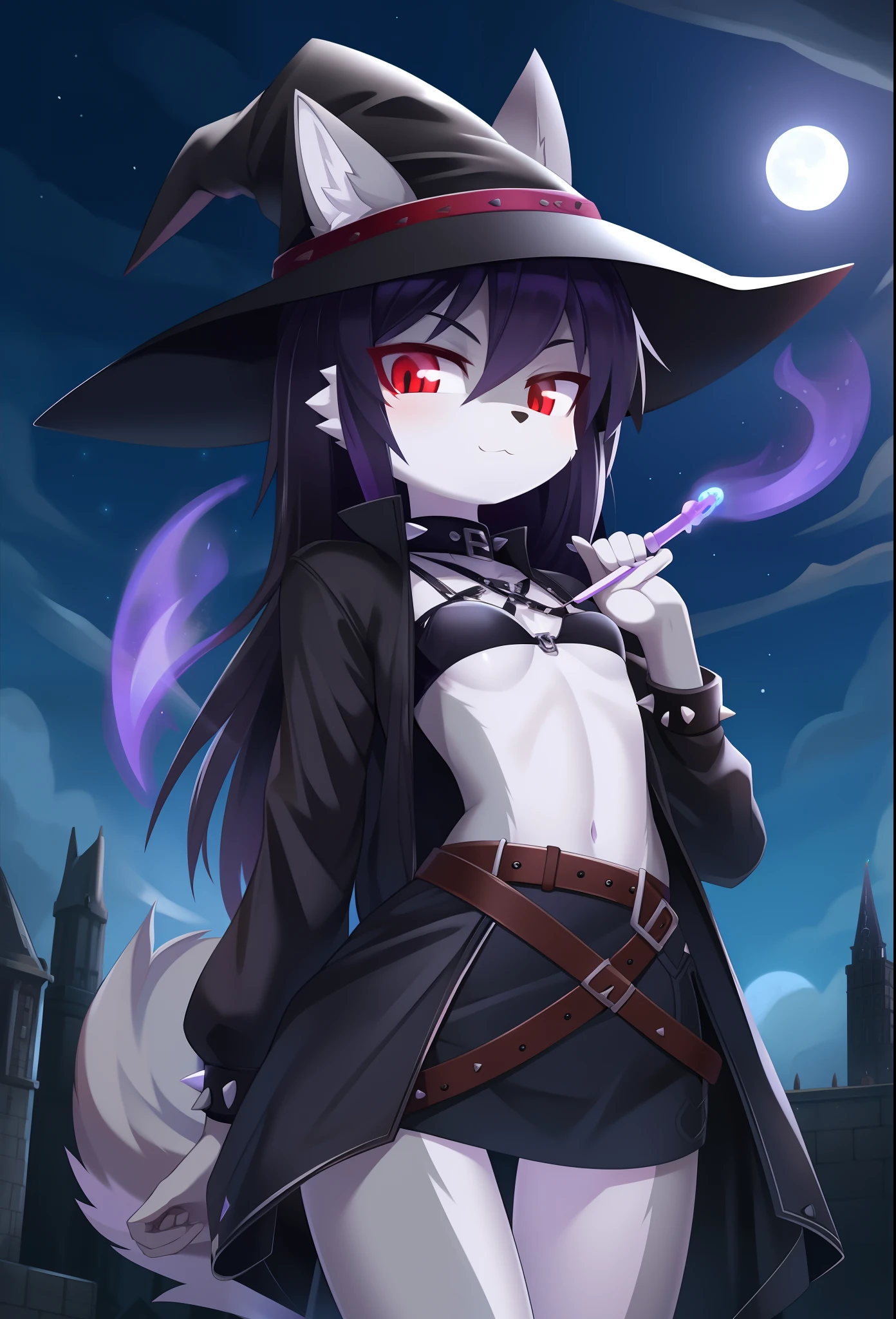 furry girl, wolf, black hair, punk hairstyle, long spiky hair, anime style, small breasts, red eyes, black witch tunic, open clothes, black gothic bra, black skirt, witch hat, dark tower, night sky, Moon, high quality, detailed body, detailed eyes, detailed face, masterpiece, glistening body, shiny body, detailed body fur, best quality, two tone body, gray fur, clear gray fur, skinny, :3, sassy face, purple fire magic on palm hand, purple fire magic particles, magic wand on hand,