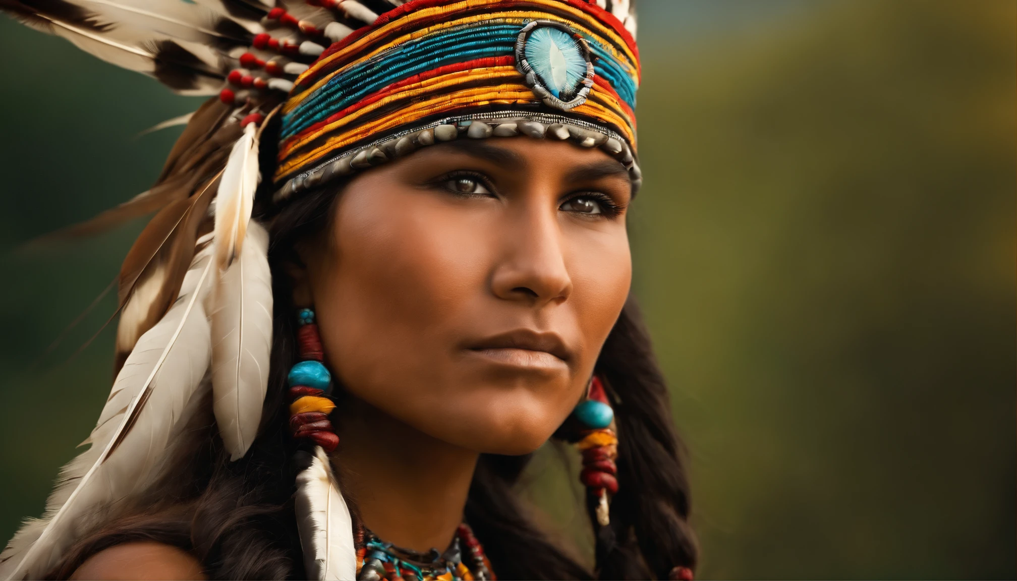 A young Native American wrestler beautiful lady,olhos negros,light Native American makeup,american indian tattoos on the faceusing feather american indian colorful headband ،braided hair ,Accessories, fundo colorido,setting sun,a cavalo,
