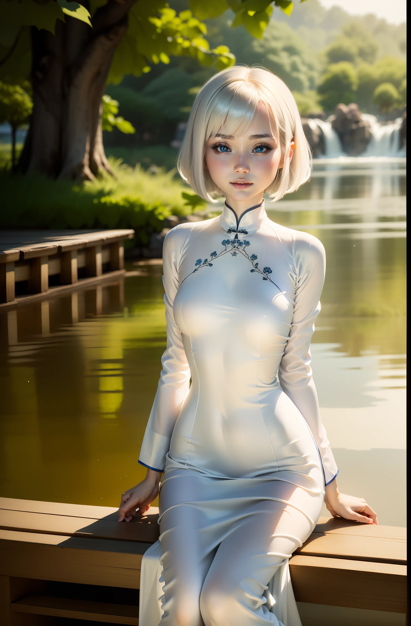 masutepiece, Best Quality, hight resolution,portlate, (((detail portrayal、8K分辨率))), (((Realistic beautiful face drawn in detail))),Full Body Angle,Smirking expression、Solo, bright light blue eyes, ((Beautiful silky silver hair、a short bob、Short-cut hair))、(((Beautiful Ao Dai:1.3、Ao Dai,Beautiful White Ao Dai)))、plein air、Lake Lotus