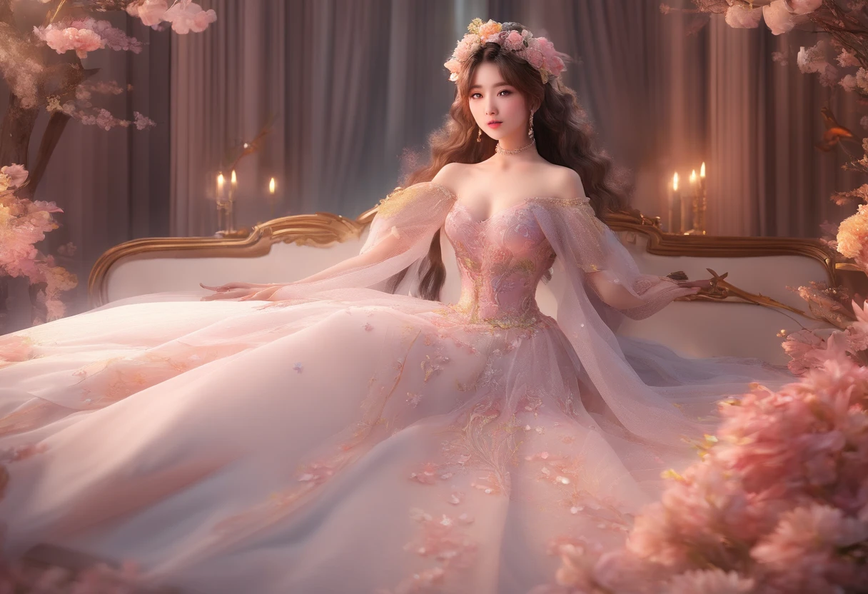 one women in wedding dresses sitting on the bed，holds a bouquet of flowers, lalisa manobal, Album art, Official artwork, very magical and dreamy, ethereal fairytale, Ethereal beauty, Koreainsta Goddess, Ethereal fantasy, celestial goddess, lalisa manoban of blackpink, sakimichan, jaeyeon nam, ulzzangs, Ethereal and dreamy, fantasy beautiful，Extra-large big breasts，Blush，Perfect body slim curves， 8K art photo photo，Japan goddess，