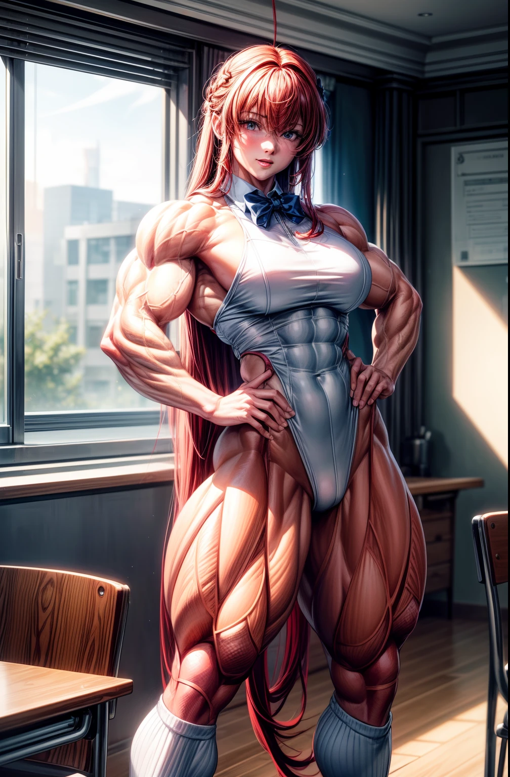 (BEST lighting) , (ultra intricately detailed) , 4K unification, (super-detailed CG: 1.2) , (8K: 1.2),(Original), (Masterpiece) , (Best quality),(Masterpiece:1.4),Anime-ish high quality,(Masterpiece),Masterpiece, Super clear picture quality,Clearer than movies,(Fine face)Best quality, absurderes,((masterpeace, 4K, 8K, Yes, A high resolution))1girll, girls,ssmile,She was inside Sky City,Black school uniform,white bowties,Bow knot,Ten strong abs,Perfect body proportions,standing on your feet,Exposing the abdomen, White costume,There are bulges of dense veins on the arms,Spring, Sports boots, Perfect figure,Red long-haired, Dynamic pose,Legs exposed,Strong leg muscles ((body builder:1.5)),Classroom(Beautiful bace),(Girl),(Female),(((Upper body:1)))