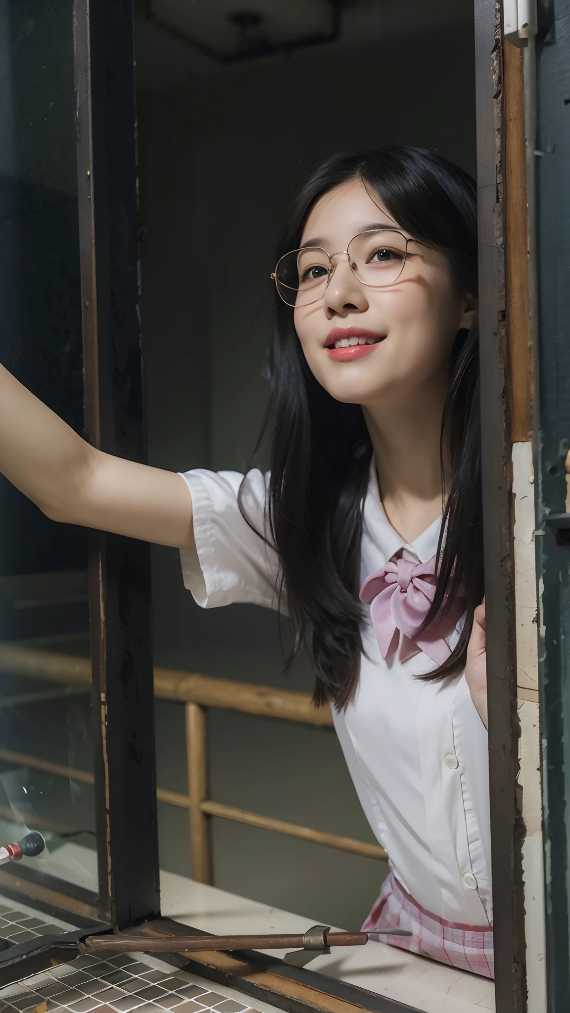 (((Medium hair))), best qualtiy, 8K, hdr, A high resolution, absurderes:1.2, blur backgroun, Background bokeh:1.2, photography of, (RAW photo:1.2), (真实感:1.4), (Masterpiece:1.3), (complexdetails:1.2), 1girll, 独奏, japanaese girl, delicated, Beautiful detailed, (Delicate double eyelids), (Detailed facial features), Bigboobs, (((Large breasts))), Skin Firm, (Looking_at_peeping at the viewer), From_Front, (being thin),(best qualtiy:1.4),(超A high resolution:1.2),cinematic lighitnglamplight,(Extremely detailed illustration),(Gloss on lips,best qualtiy,超A high resolution,depth of fields,Caustics,Extensive illumination,naturalshadow,85mm, f/1.4, iso 200, 1/160s:0.75),1girll, Solo, (((Silk vest))) Smile, ((silk garment,pleatedskirt,Classroom))