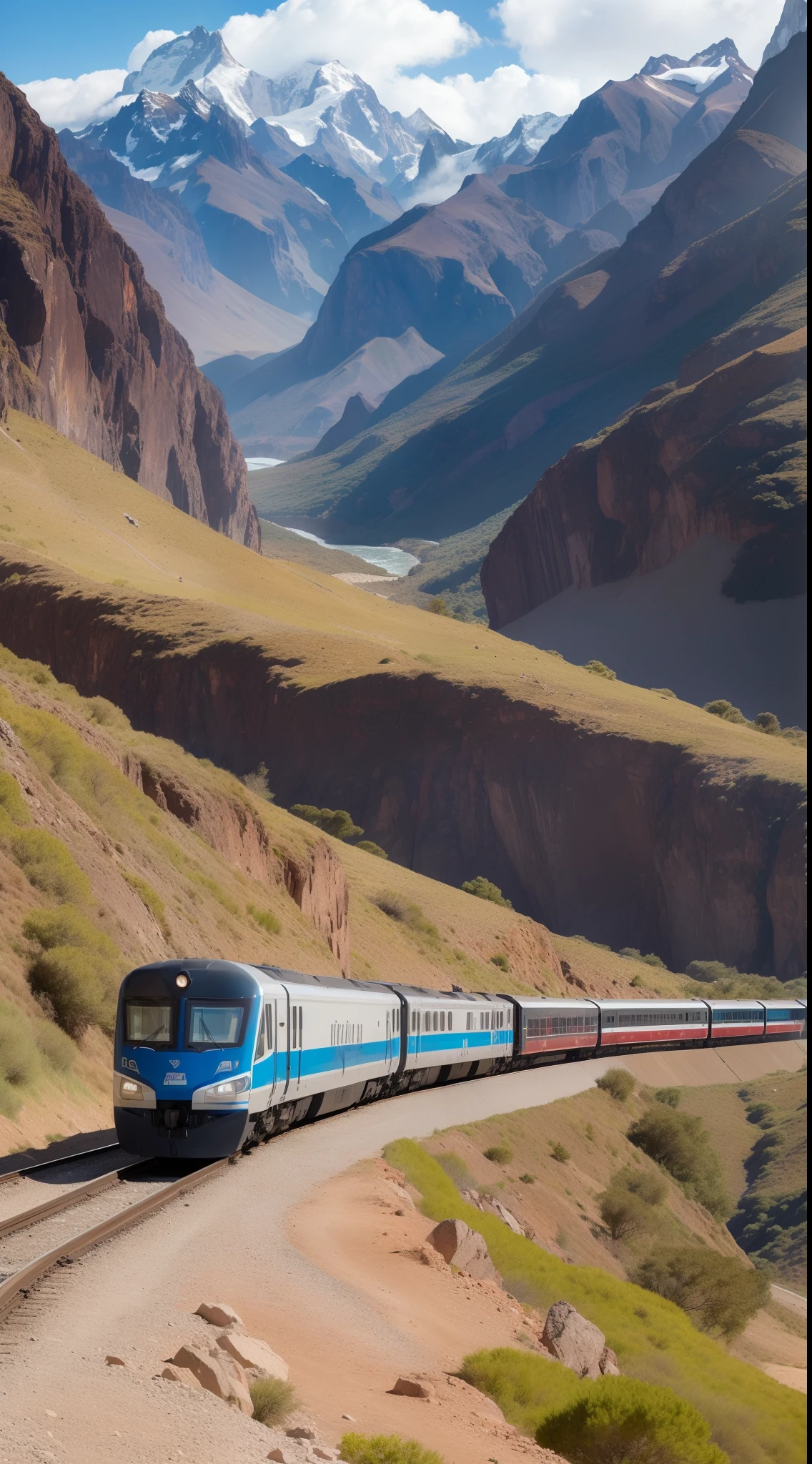 Create an image of the awe-inspiring Argentine railway journey. Picture a high-altitude landscape nestled among the Andes mountains. At an astonishing 4,220 meters above sea level, a modern train glides gracefully along a meandering track that seems to disappear into the clouds.