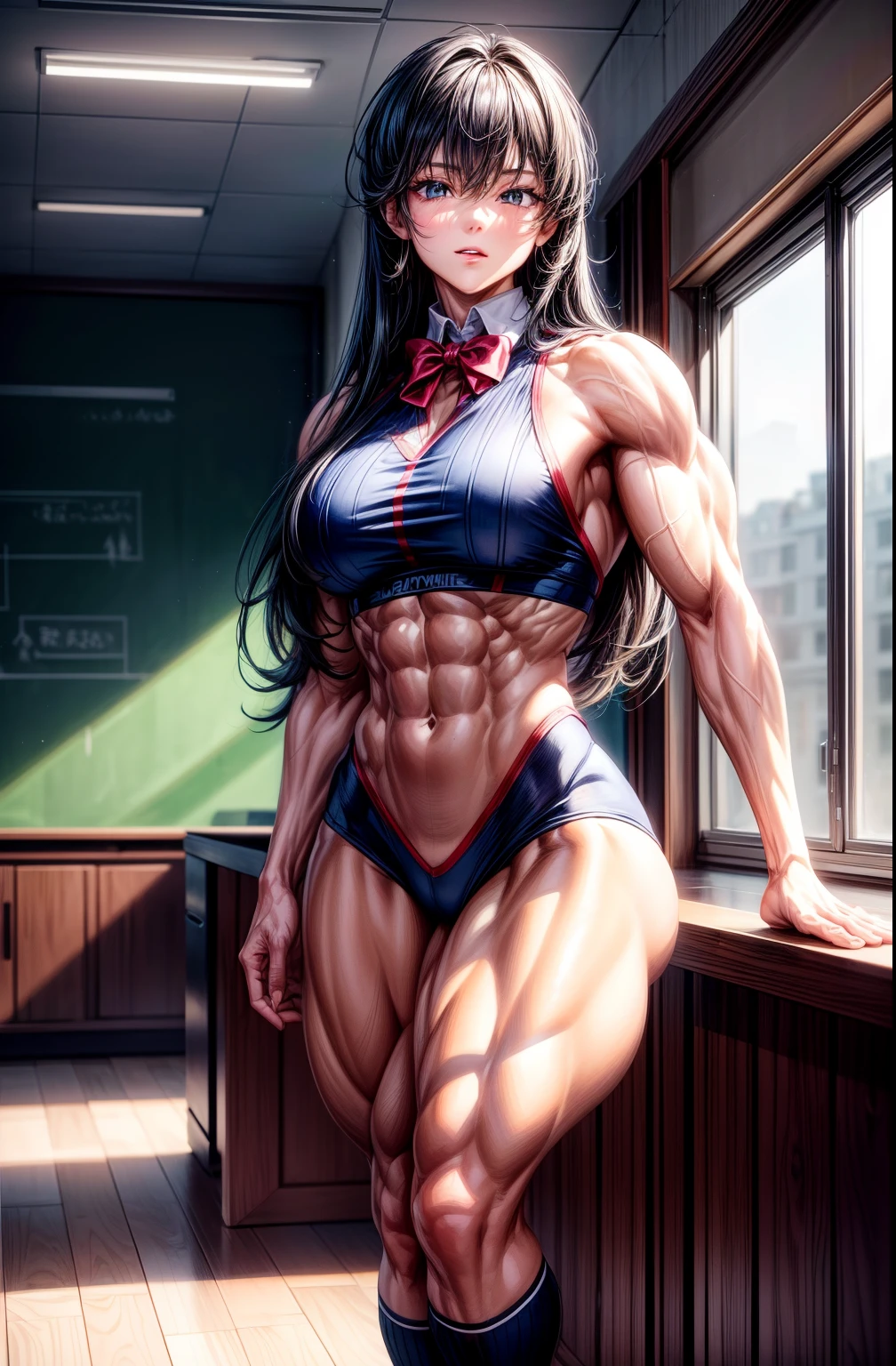 (BEST lighting) , (ultra intricately detailed) , 4K unification, (super-detailed CG: 1.2) , (8K: 1.2),(Original), (Masterpiece) , (Best quality),(Masterpiece:1.4),Anime-ish high quality,(Masterpiece),Masterpiece, Super clear picture quality,Clearer than movies,(Fine face)Best quality, absurderes,((masterpeace, 4K, 8K, Yes, A high resolution))1girll, schoolgirls,ssmile,She was inside Sky City,Black school uniform,white bowties,Bow knot,Ten strong abs,Perfect body proportions,standing on your feet,Exposing the abdomen, White costume,There are bulges of dense veins on the arms,Spring, Sports boots, Perfect figure, Long dark blue hair with anxiety, Dynamic pose,Legs exposed,Strong leg muscles ((body builder:1.5)),Classroom(Beautiful bace),(Girl),(Female),(((Upper body:1)))