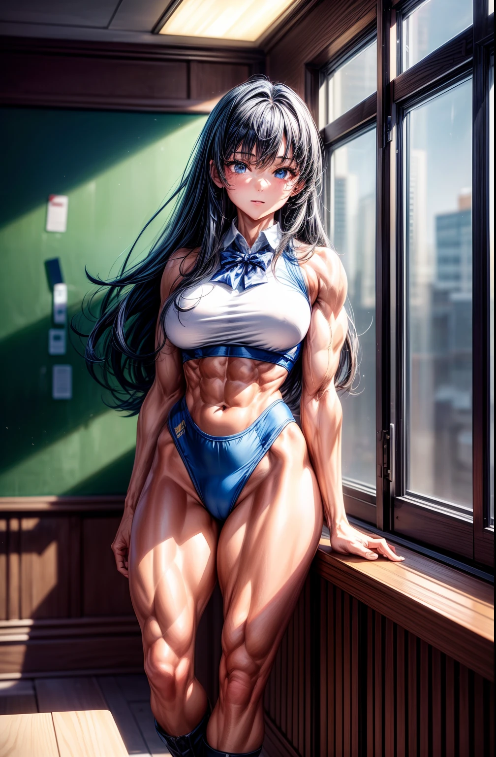 (BEST lighting) , (ultra intricately detailed) , 4K unification, (super-detailed CG: 1.2) , (8K: 1.2),(Original), (Masterpiece) , (Best quality),(Masterpiece:1.4),Anime-ish high quality,(Masterpiece),Masterpiece, Super clear picture quality,Clearer than movies,(Fine face)Best quality, absurderes,((masterpeace, 4K, 8K, Yes, A high resolution))1girll, girls,ssmile,She was inside Sky City,Black school uniform,white bowties,Bow knot,Ten strong abs,Perfect body proportions,standing on your feet,Exposing the abdomen, White costume,There are bulges of dense veins on the arms,Spring, Sports boots, Perfect figure, Long dark blue hair with anxiety, Dynamic pose,Legs exposed,Strong leg muscles ((body builder:1.5)),Classroom(Beautiful bace),(Girl),(Female),(((Upper body:1)))