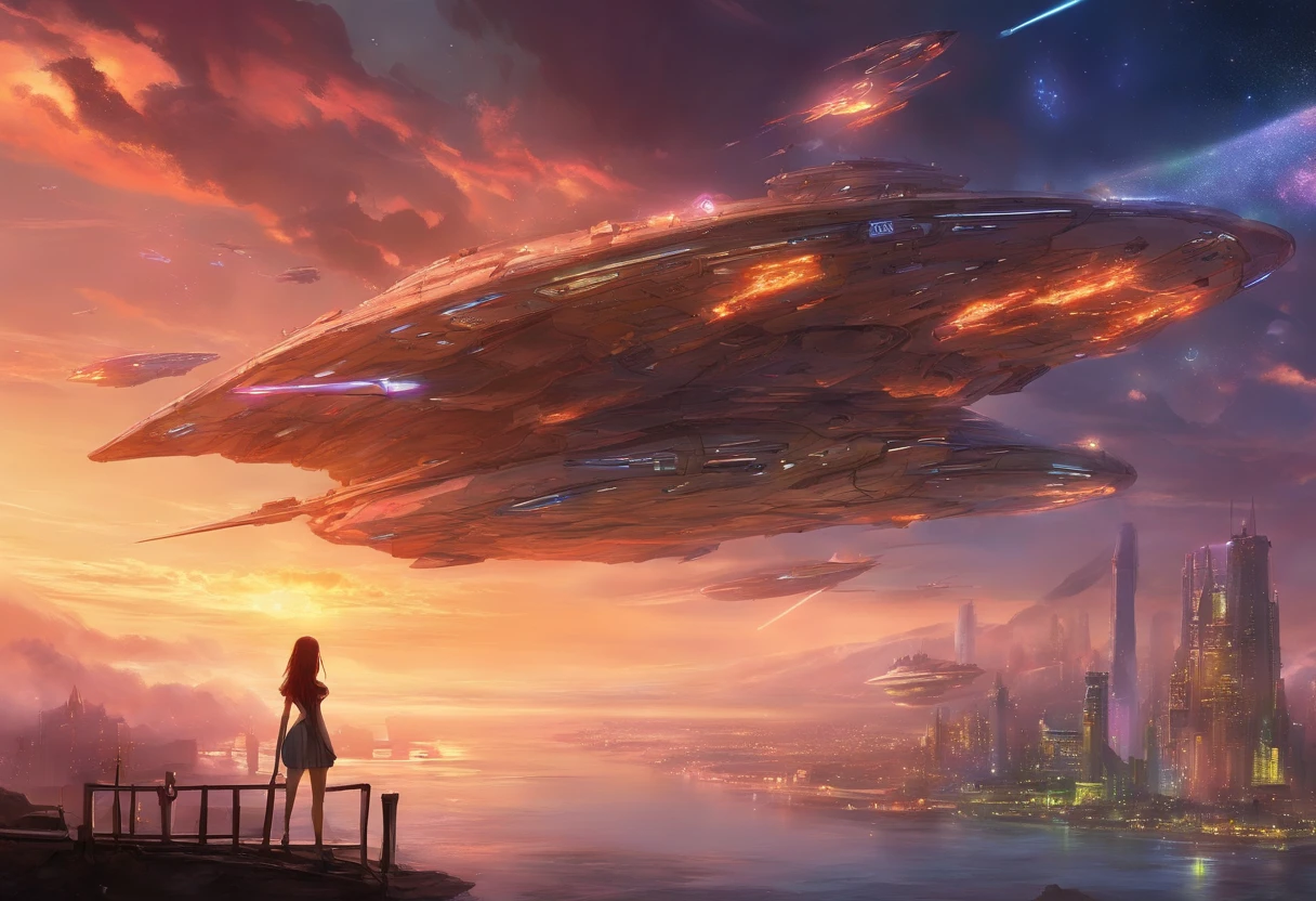Japanese big breast Looking up CCS-class battle cruisers flew overhead Vast and epic cyberpunk Tokyo 8K The is very detailed top-quality mini skirt show panties.