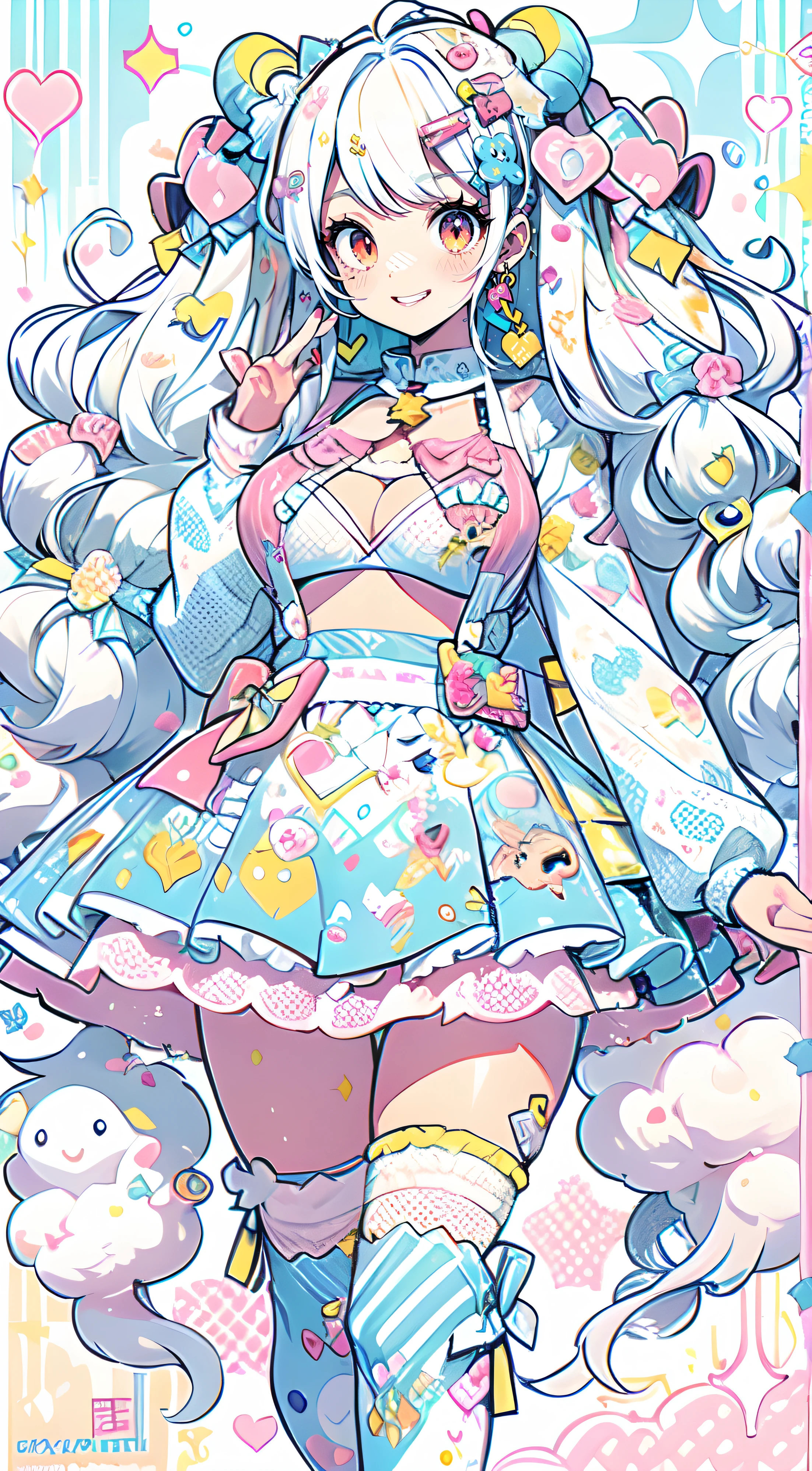 "kawaii, cute, adorable woman with pink, yellow, and baby blue color scheme. She is dressed in sky-themed clothes made out of clouds and sky motifs. Her outfit is fluffy and soft, with decora accessories like hairclips. She embodies the vibrant and trendy Harajuku fashion style." White hair, red eyes, horns, demon wings, big boobs,big ass, big lips, juicy lips, huge hair, smile