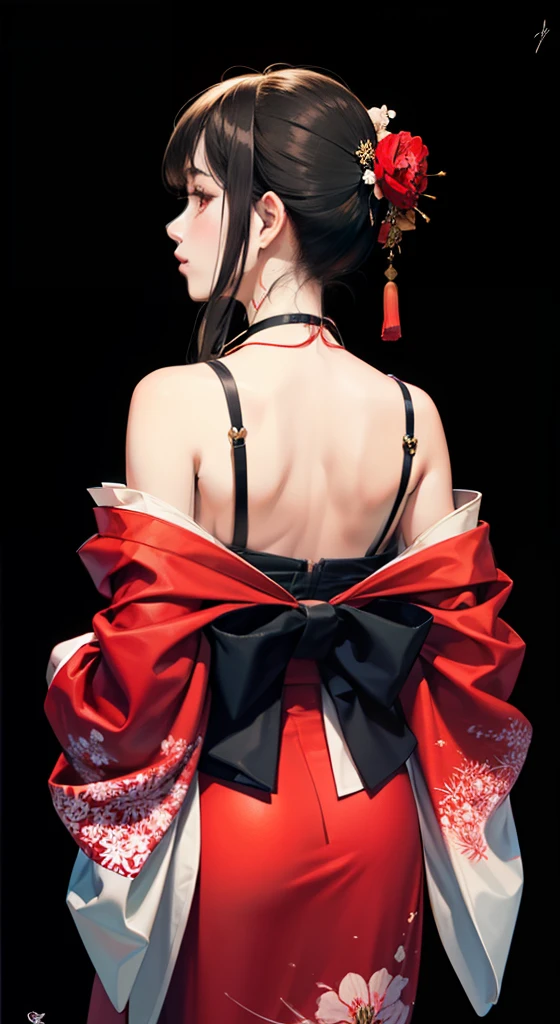 (masterpiece, best quality:1.4), illustrations, (solo:1.2), (original), (very detailed wallpaper), photographic reality, (ultra detailed:1.4), (super complex details), (Magazine cover girl:1.3), (black hair), adorned with (red flower:1.2) accents, specifically (spider lilies:1.2). Their long hair cascades from behind, complementing the simple, black background. They are dressed in a captivating black kimono with a (floral print:1.2), featuring long sleeves and a see-through print kimono. The subject has (red nails:1.1) and wears nail polish, exuding elegance in their Japanese clothes, including an obi sash. They are facing away, showcasing a self-hug pose with crossed arms and a (cowboy shot:1.1) composition, revealing their nape. The cover should include an (artist signature:1.1), and (light particles:1.1) should add a touch of magic to the scene. The overall style should be sophisticated and enchanting, with a focus on traditional Japanese fashion, and the kimono being the centerpiece.
