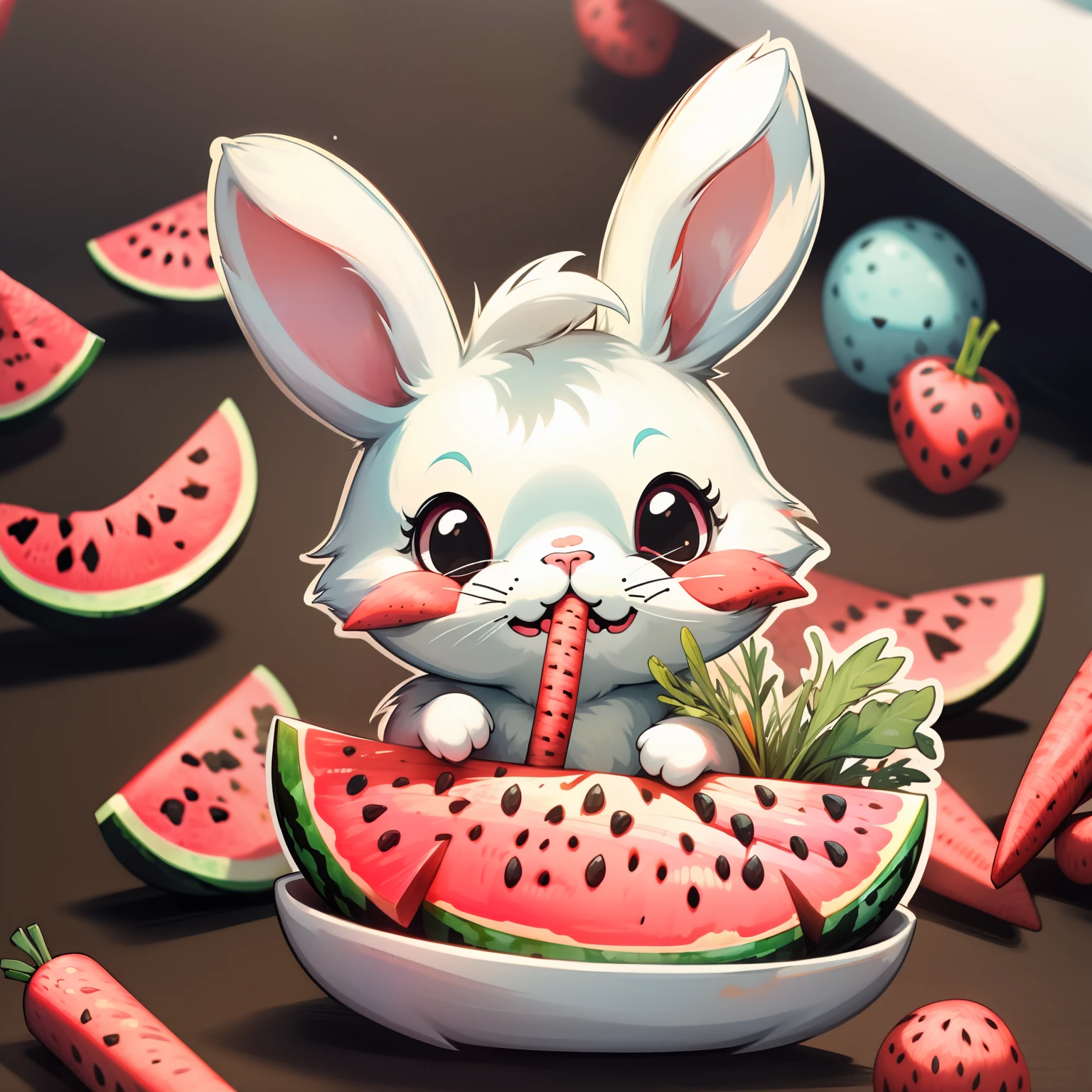 stickers, cute bunny eating carrots, eating watermelon