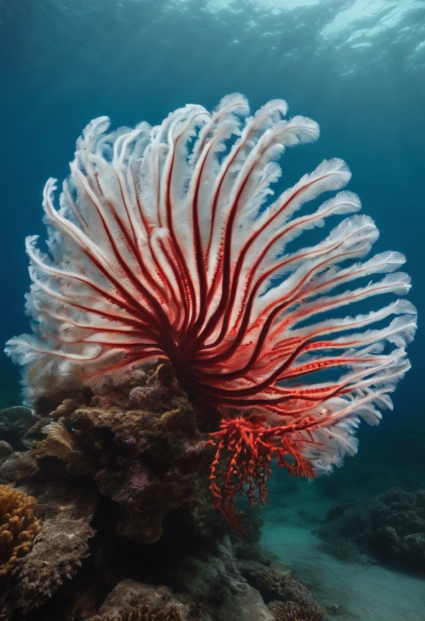 Majestic feather star, white mixed red color, deep neon underwater with coral